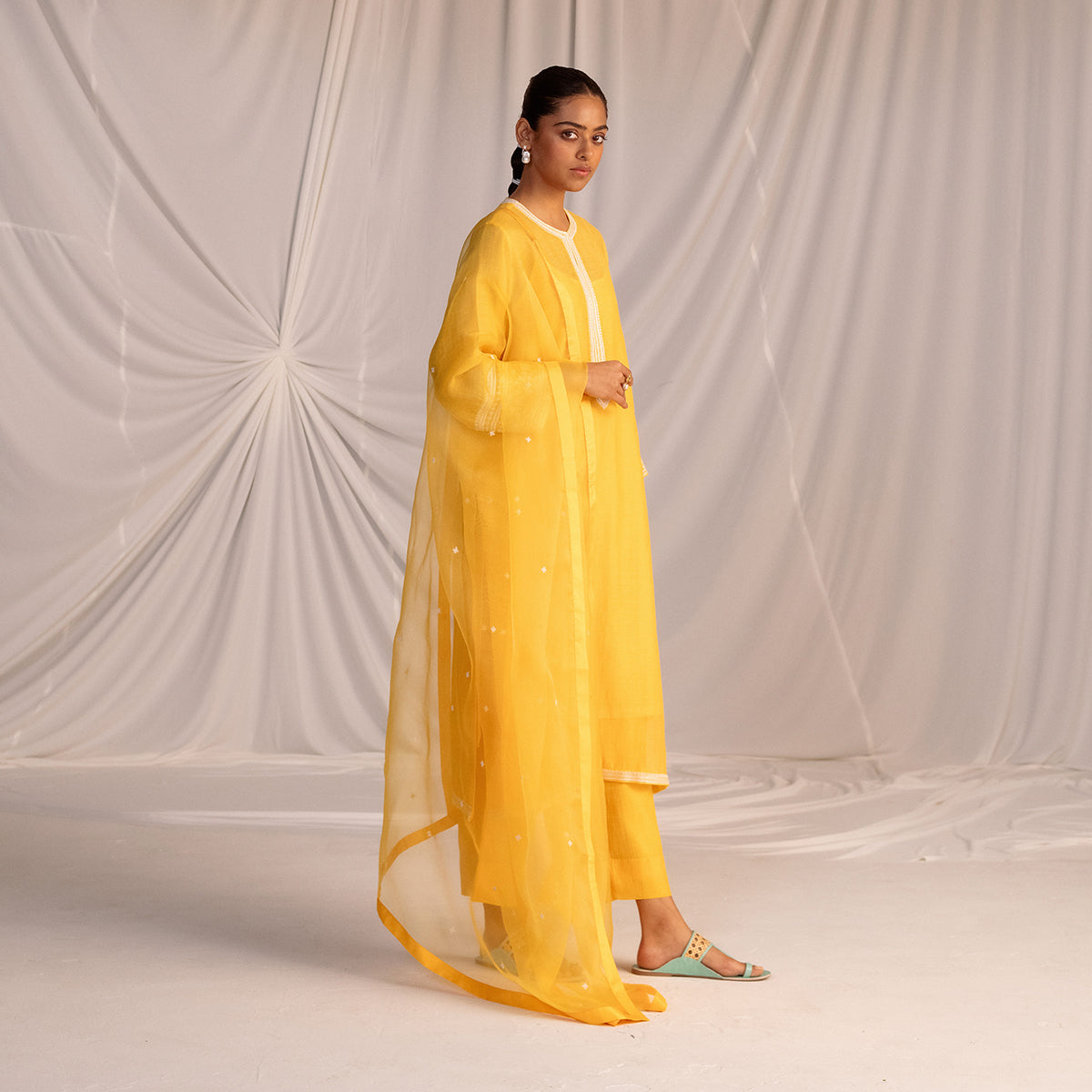 Mango Yellow  Embroidered Tunic & Trouser Set