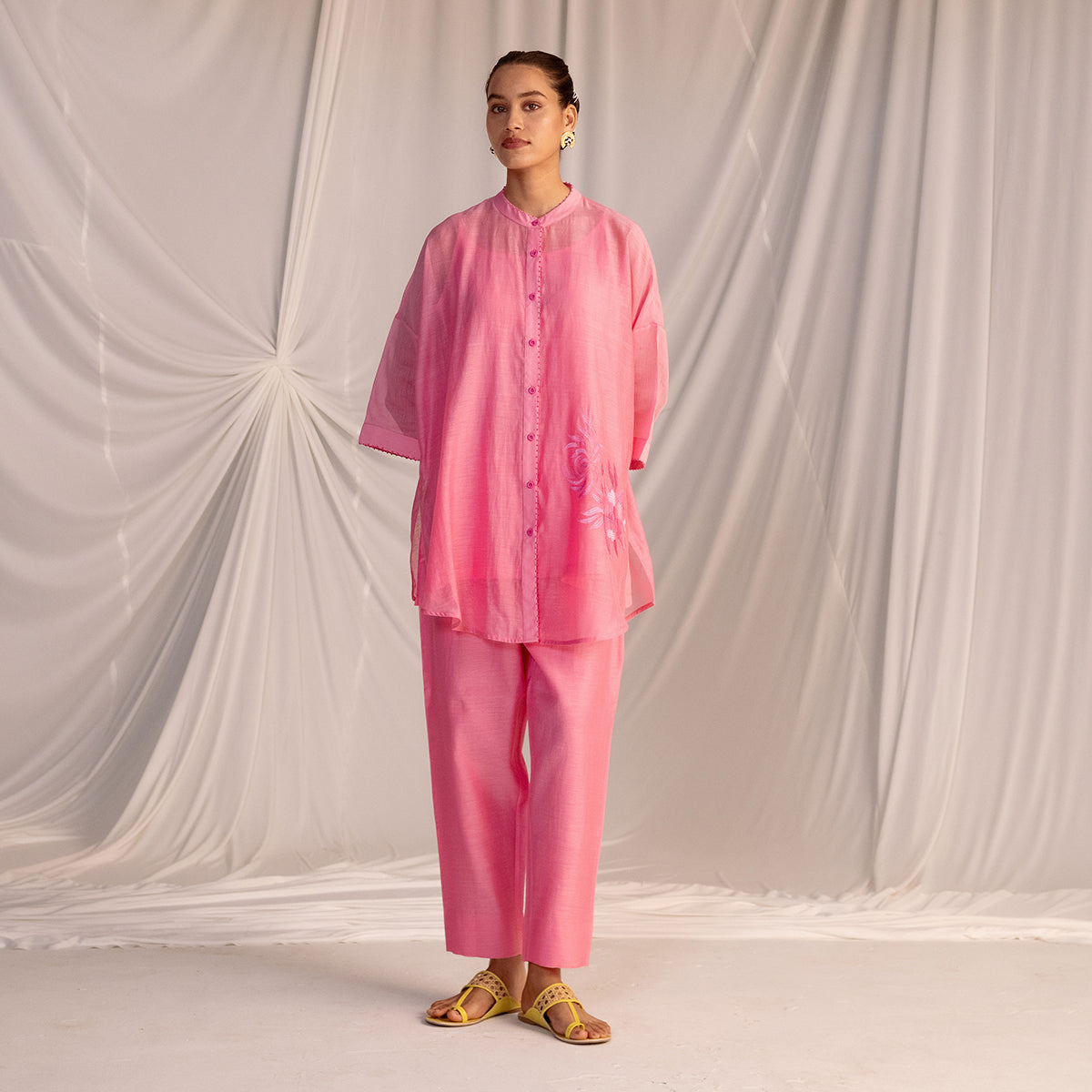 Pink  Embroidered Tunic & Trouser Set