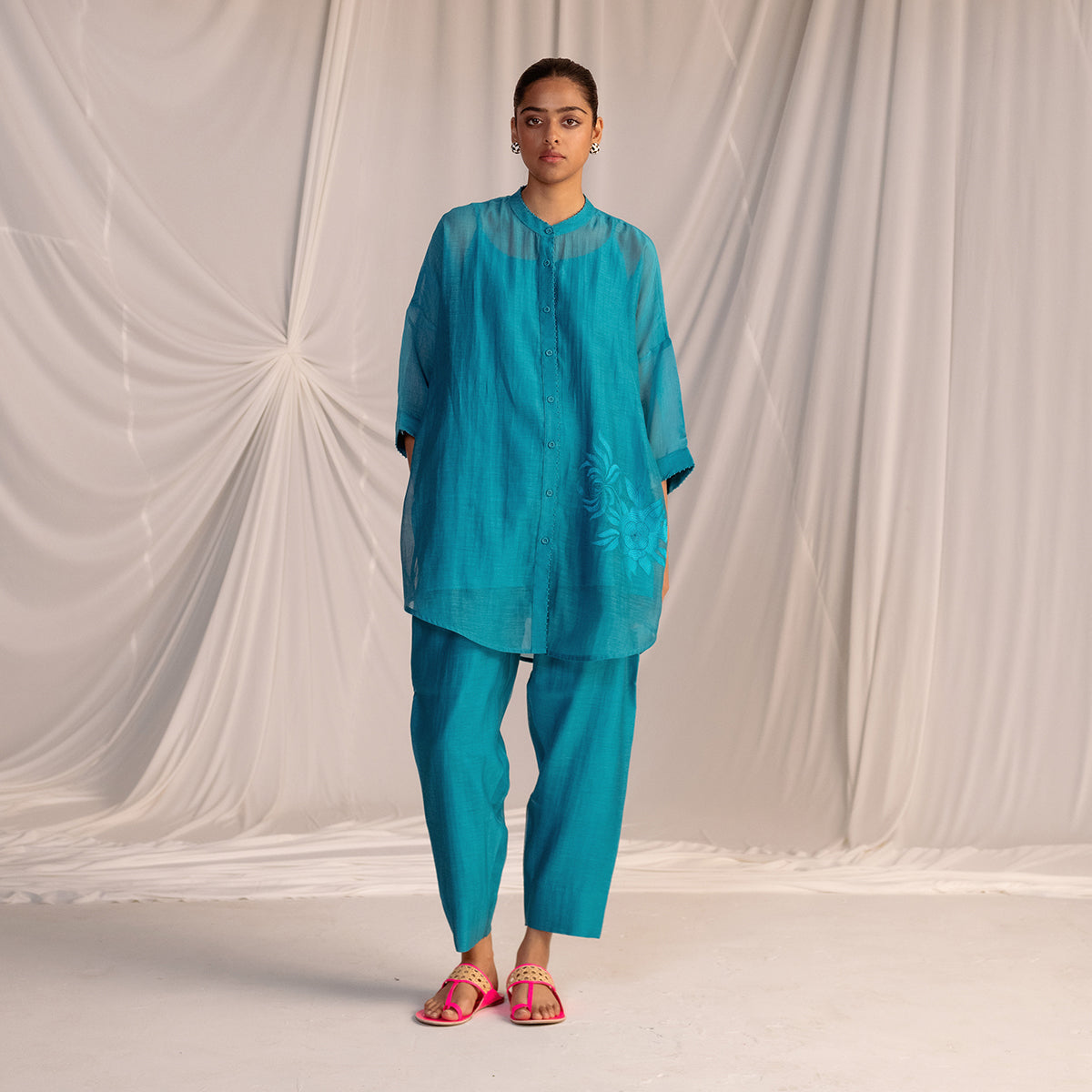 Turquoise Blue  Embroidered Tunic & Trouser Set