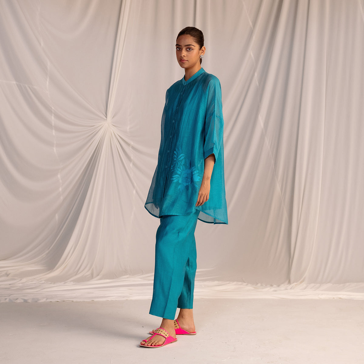 Turquoise Blue  Embroidered Tunic & Trouser Set