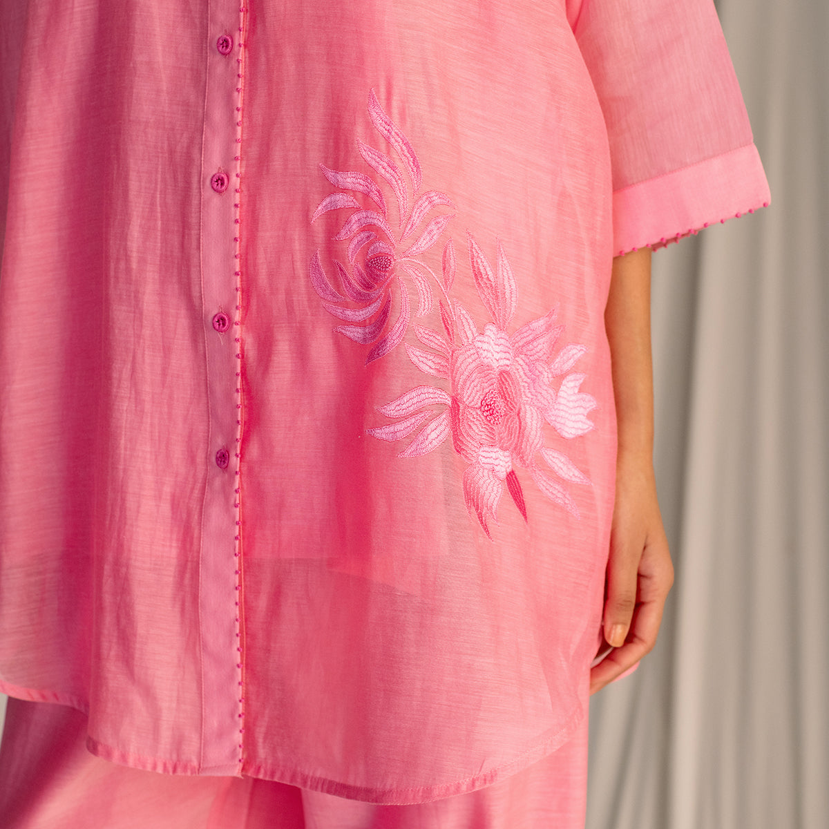 Pink  Embroidered Tunic & Trouser Set