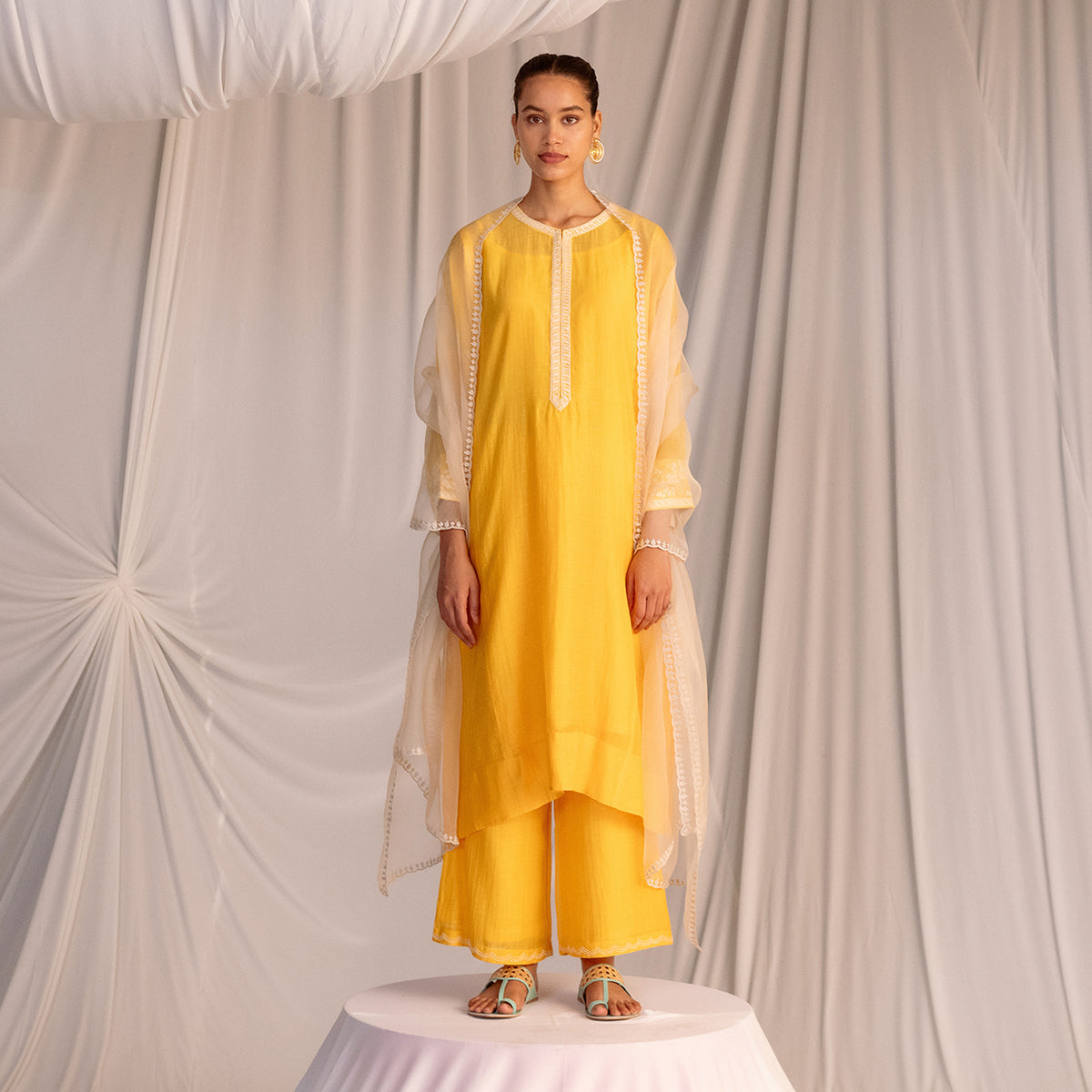 Mango Yellow  Embroidered Tunic & Trouser Set