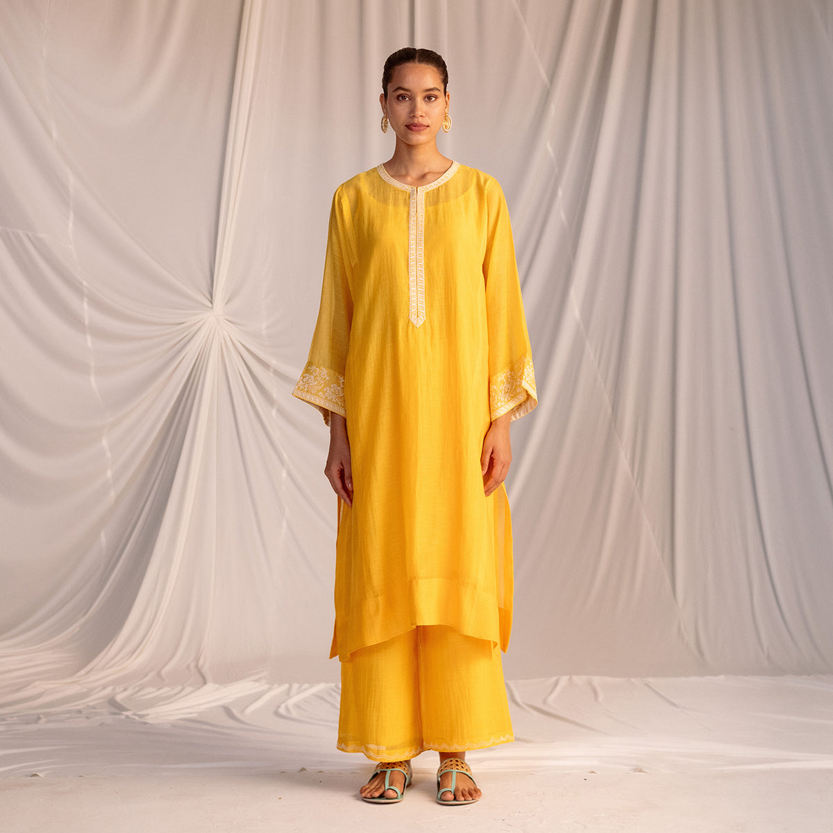 Mango Yellow  Embroidered Tunic & Trouser Set