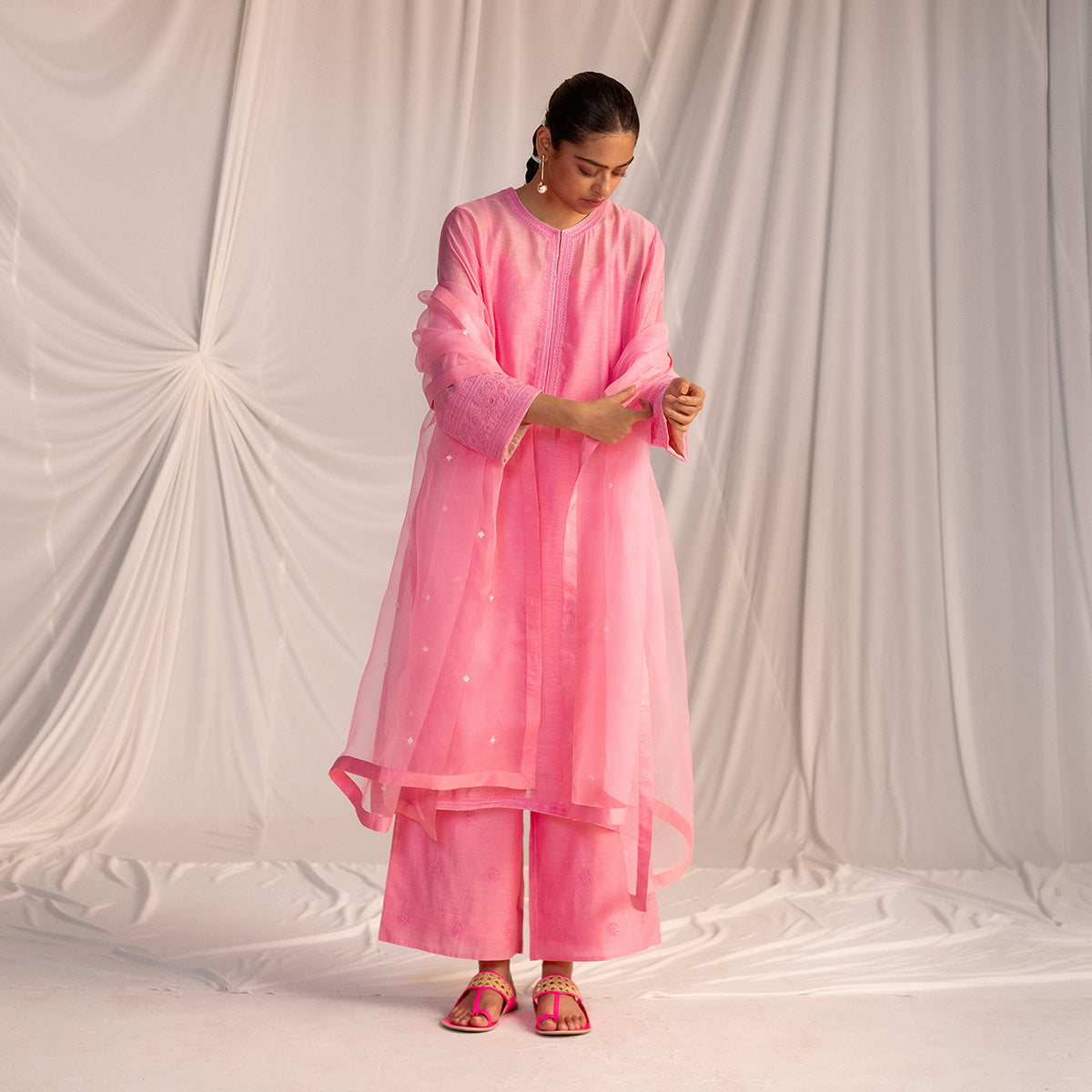 Pink  Embroidered Tunic & Trouser Set