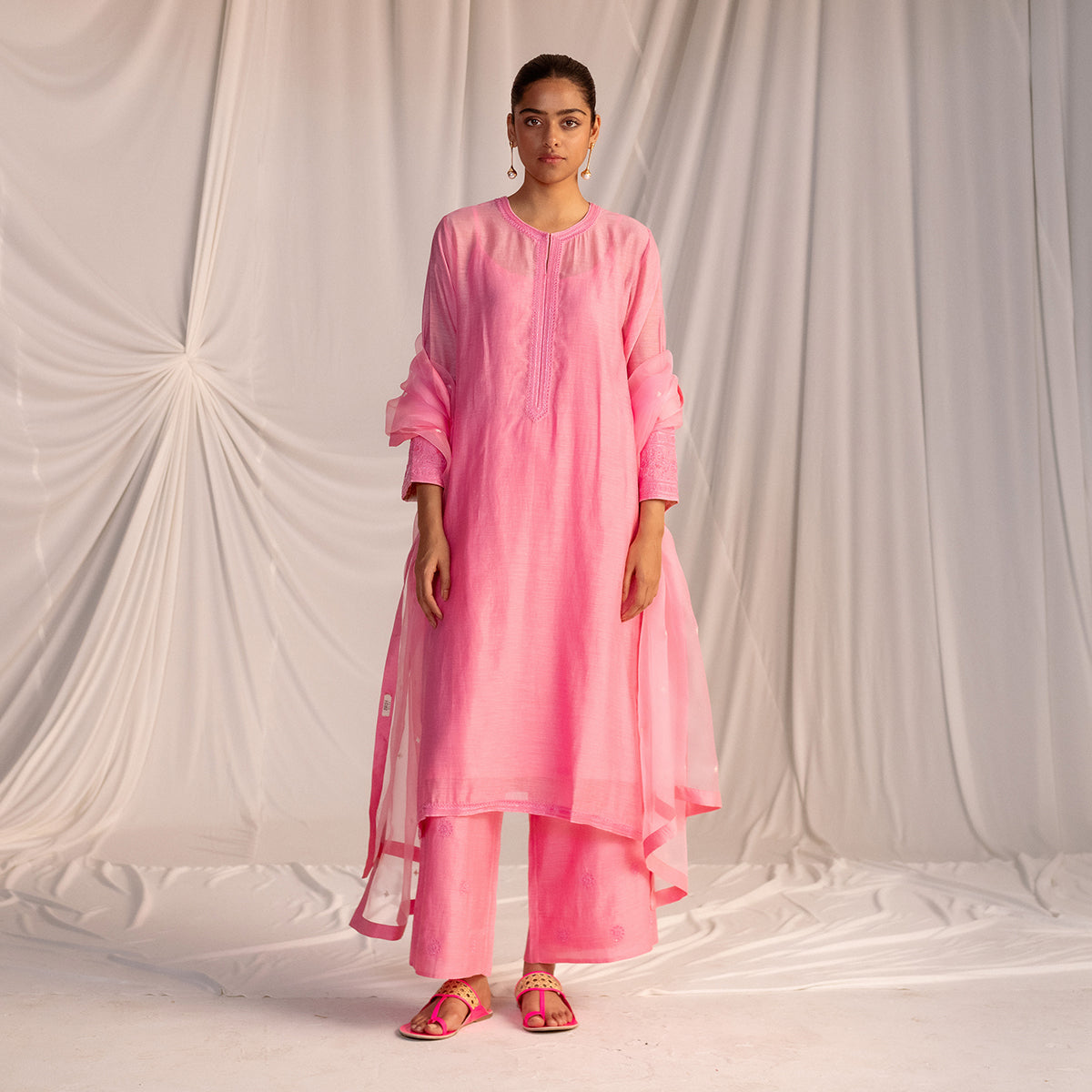 Pink  Embroidered Tunic & Trouser Set