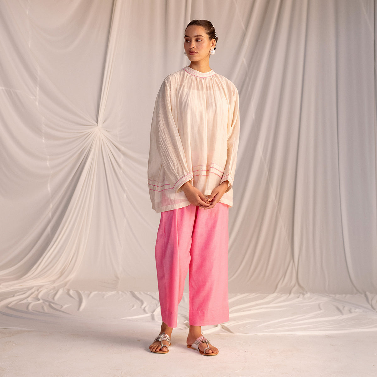 Champagne / Pink Embroidered Tunic & Trouser Set