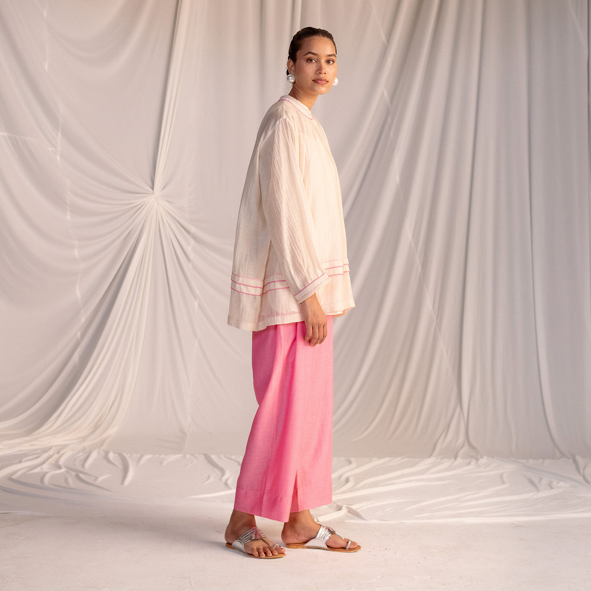 Champagne / Pink Embroidered Tunic & Trouser Set