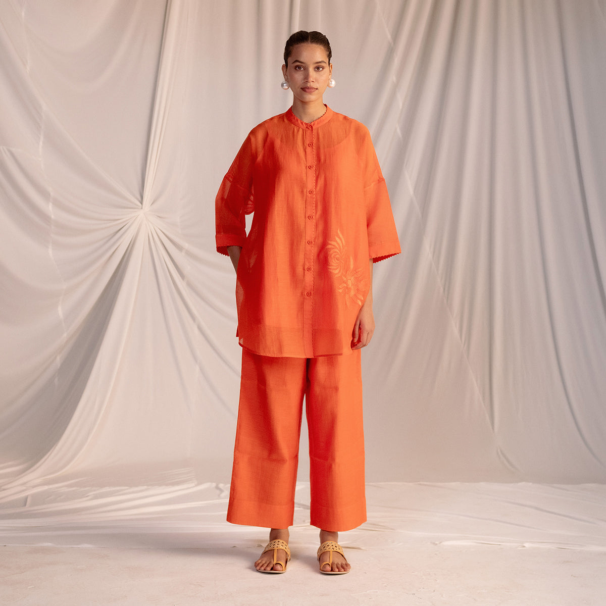 Rust Orange  Embroidered Tunic & Trouser Set