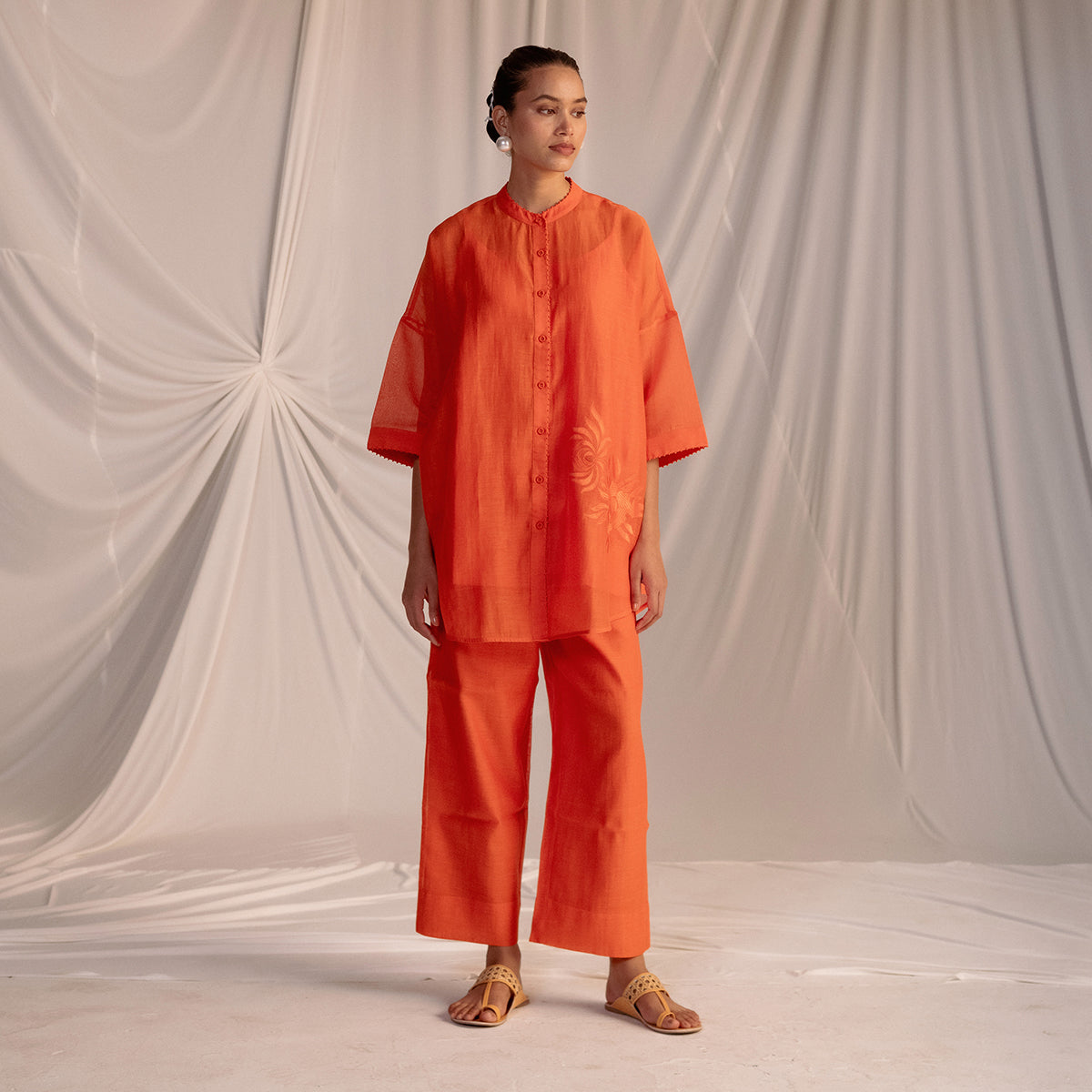 Rust Orange  Embroidered Tunic & Trouser Set