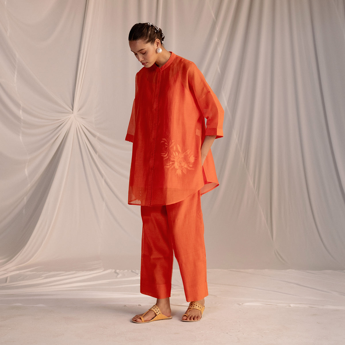 Rust Orange  Embroidered Tunic & Trouser Set