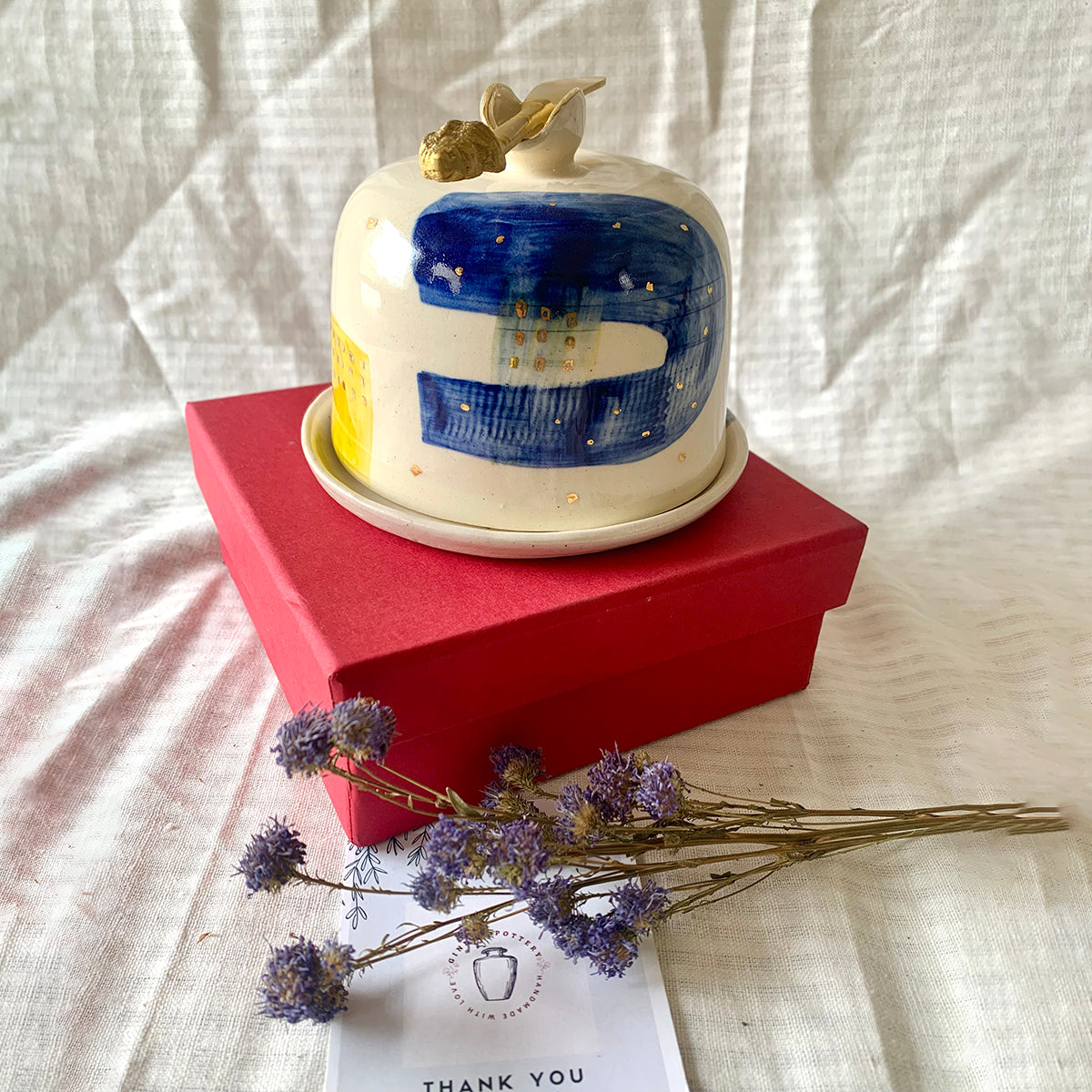 Handmade And Hand painted Butter Dish With Brass Knife | Finished With 22 Carat Gold