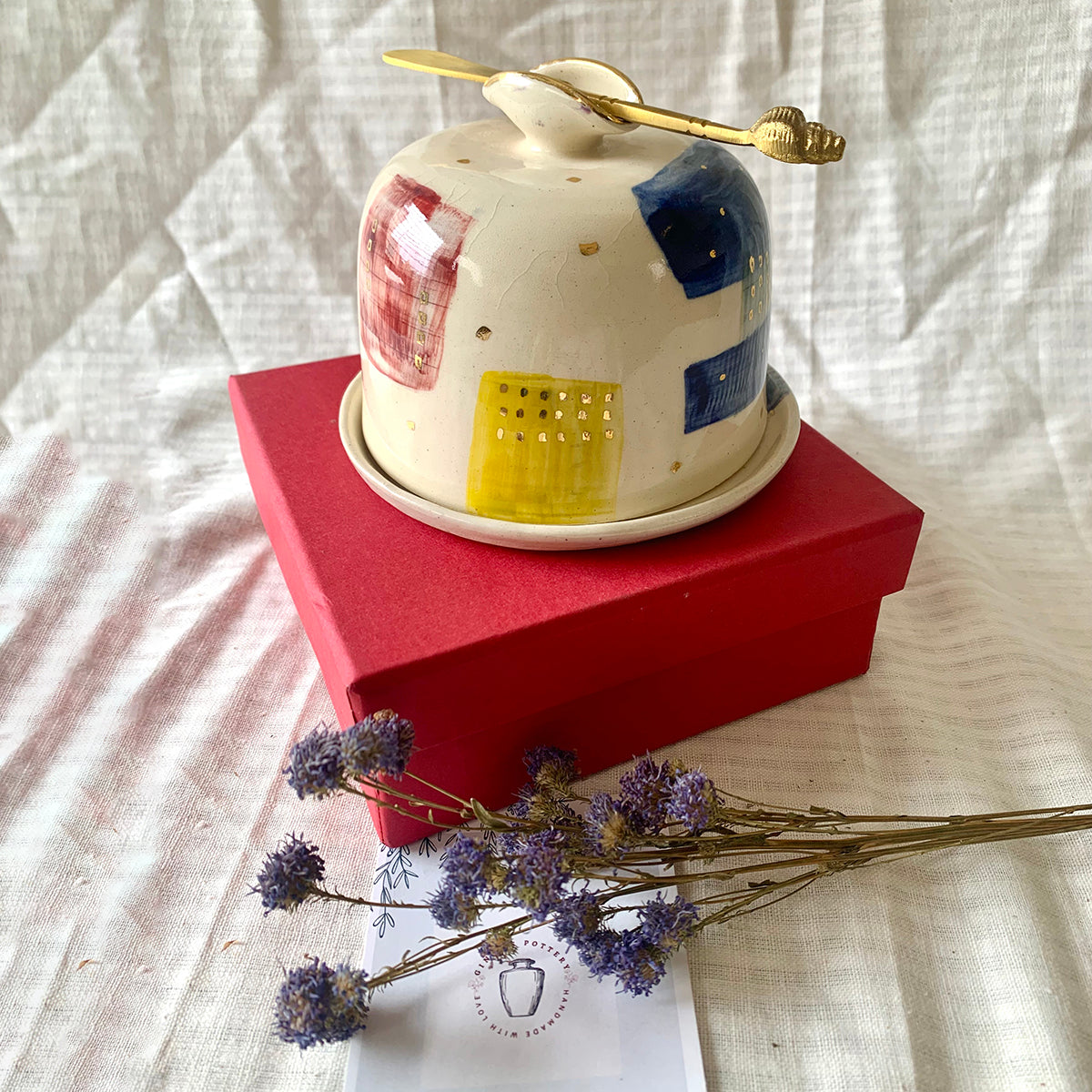 Handmade And Hand painted Butter Dish With Brass Knife | Finished With 22 Carat Gold