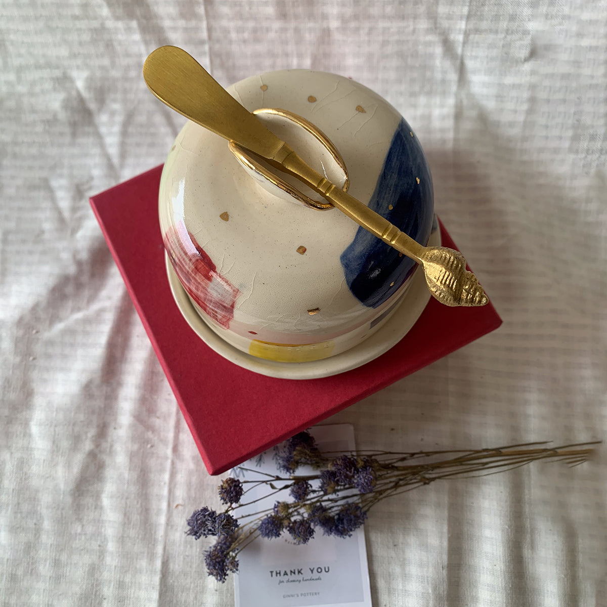 Handmade And Hand painted Butter Dish With Brass Knife | Finished With 22 Carat Gold