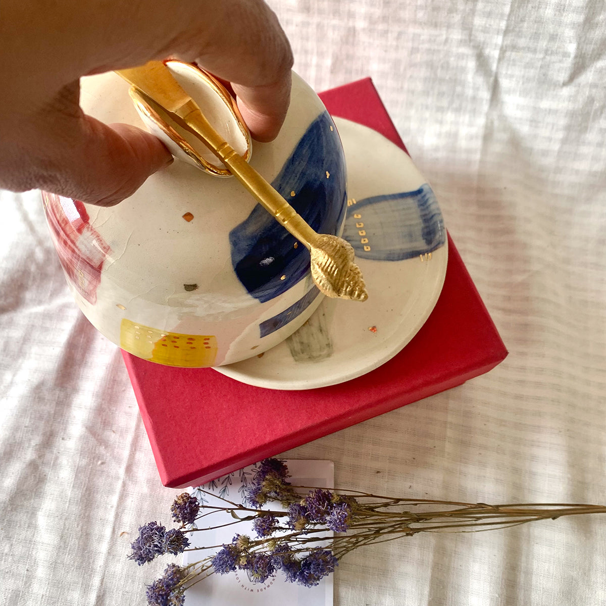 Handmade And Hand painted Butter Dish With Brass Knife | Finished With 22 Carat Gold