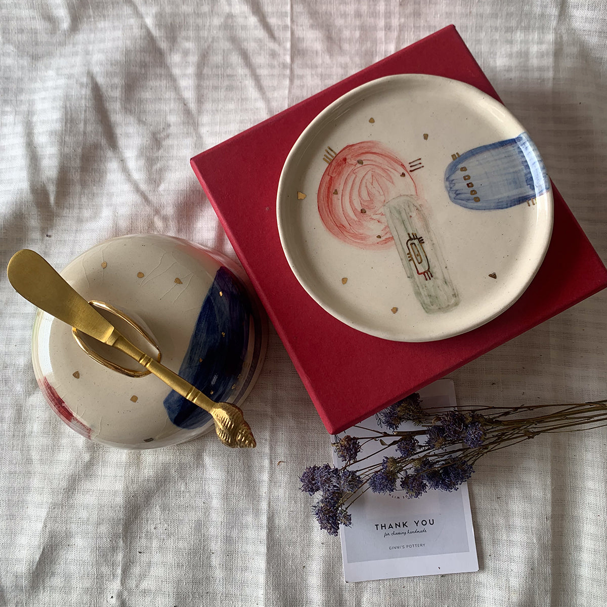 Handmade And Hand painted Butter Dish With Brass Knife | Finished With 22 Carat Gold