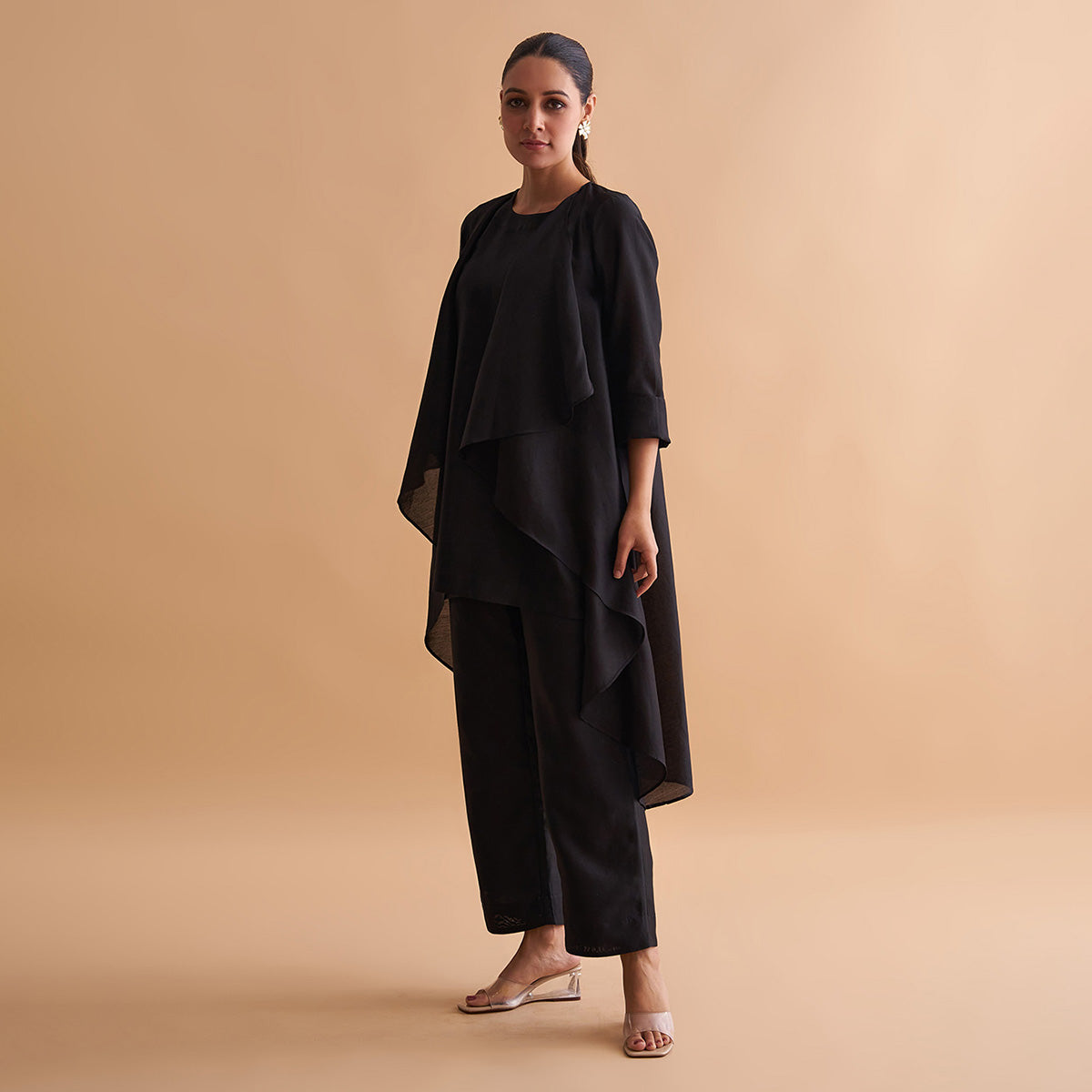 Handwoven Silk Chanderi Waterfall Jacket Ensemble | Black