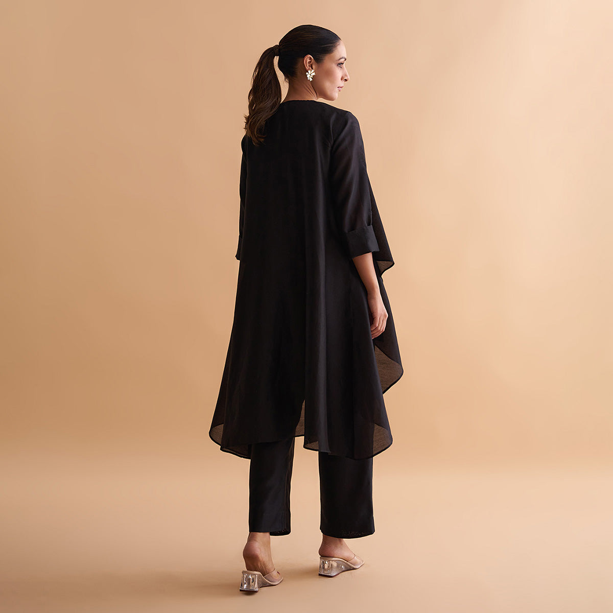 Handwoven Silk Chanderi Waterfall Jacket Ensemble | Black