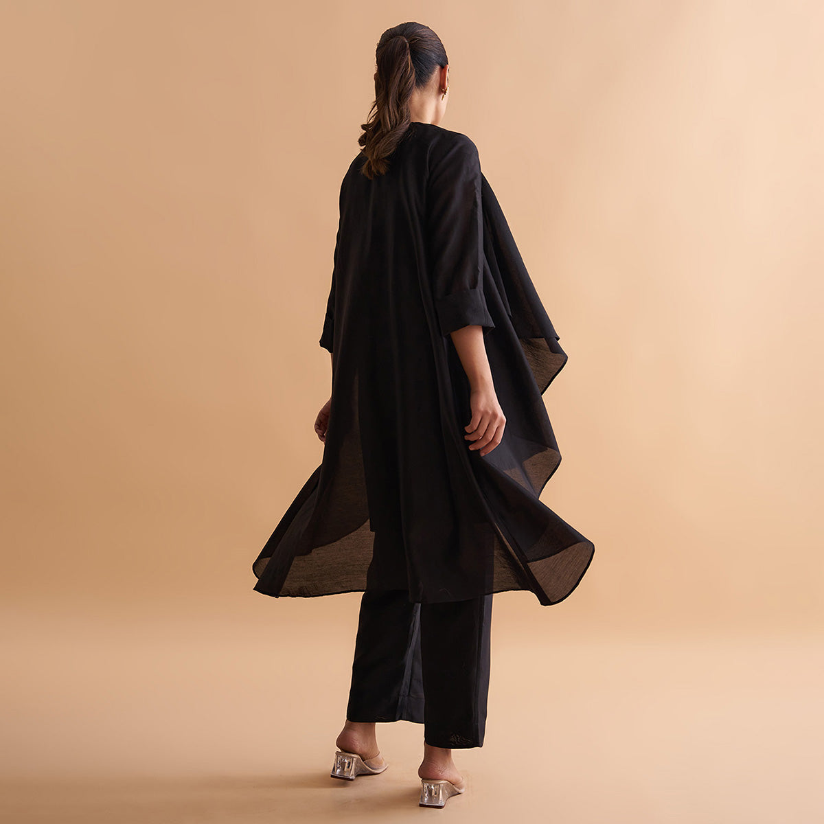 Handwoven Silk Chanderi Waterfall Jacket Ensemble | Black