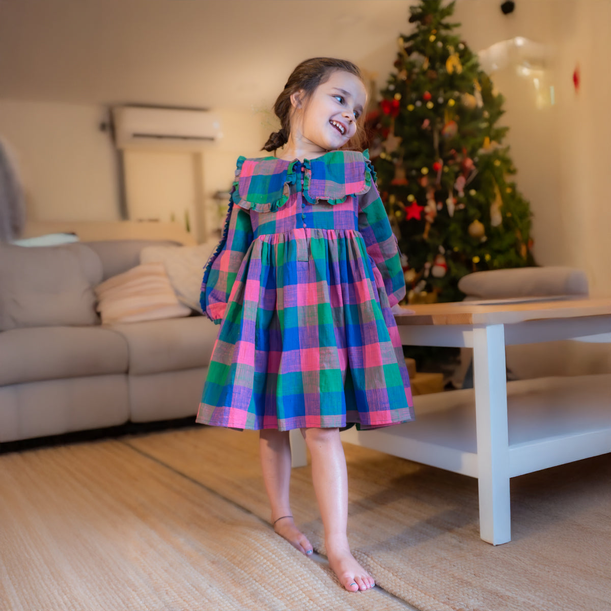 ‘Spring Up’ Peter Pan Collar Dress In Handwoven Cotton Checks
