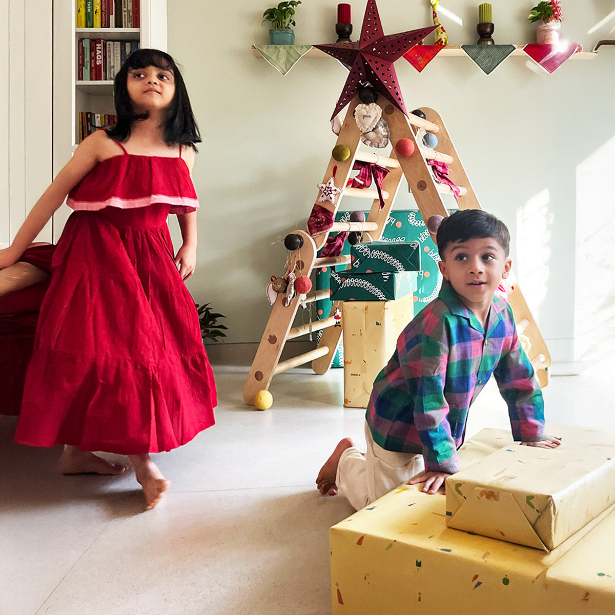Fool’S Paradise Tiered Maxi Dress In Red Handwoven Cotton
