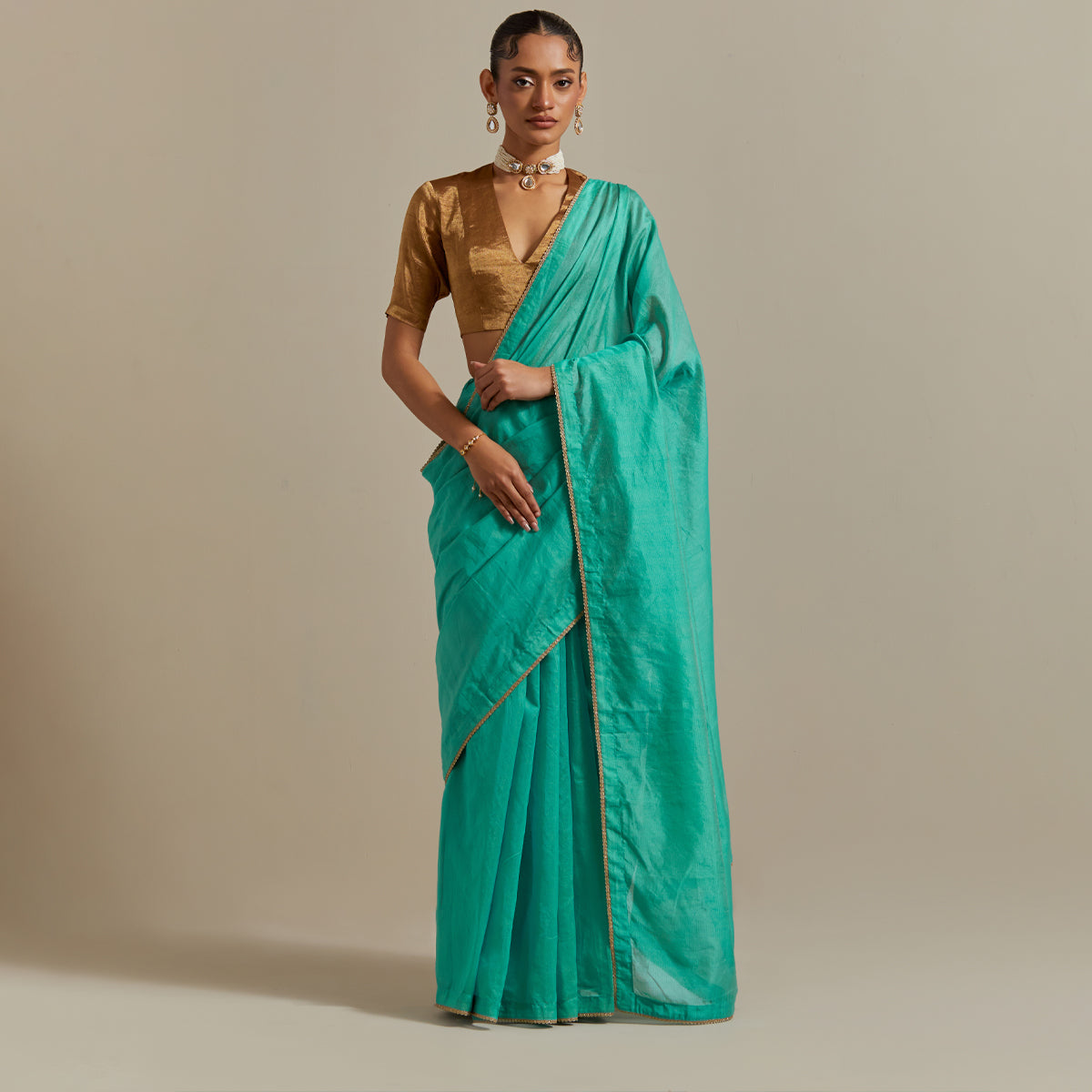 Aqua Striped Chanderi Saree with Gold Zari Blouse (Set of 2)