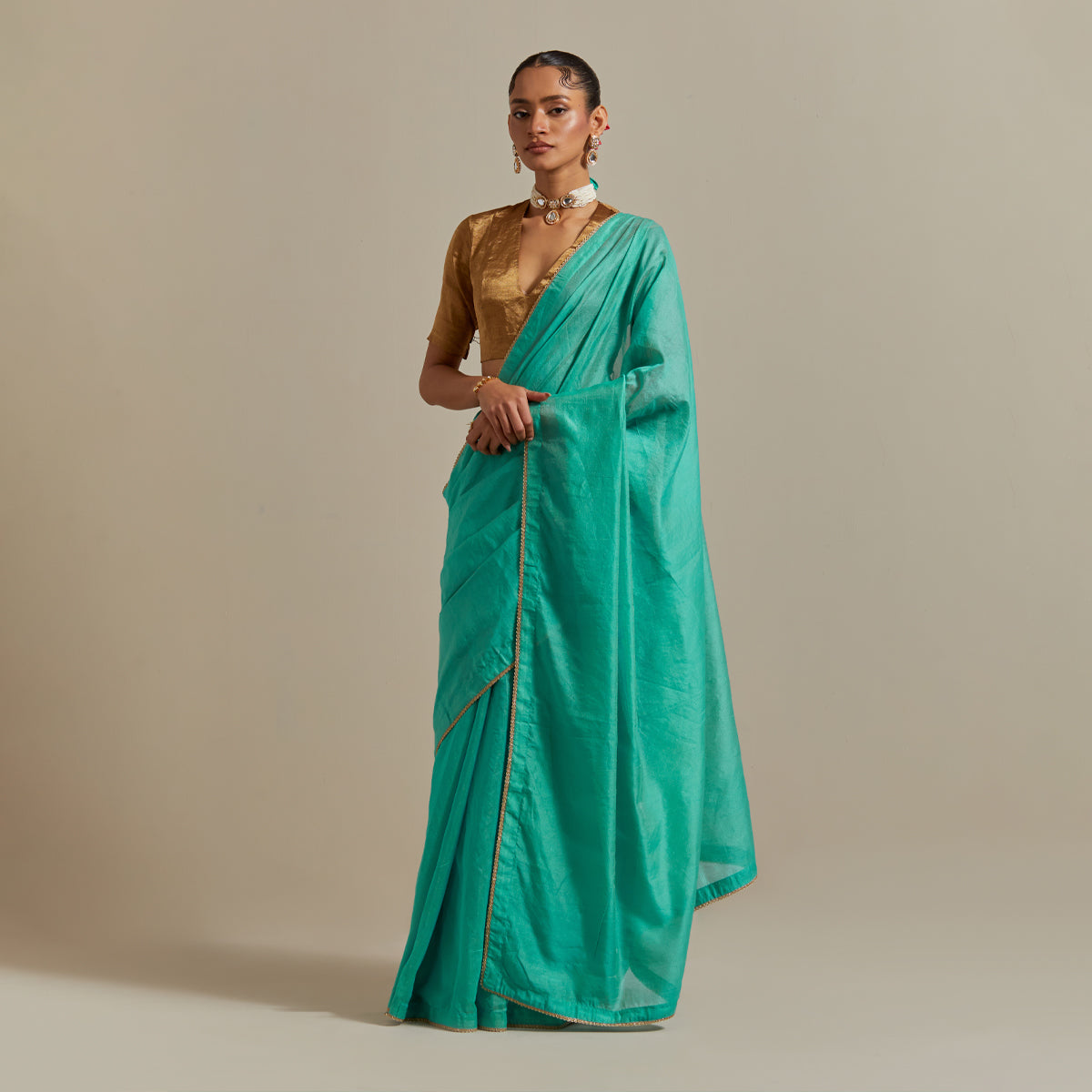 Aqua Striped Chanderi Saree with Gold Zari Blouse (Set of 2)