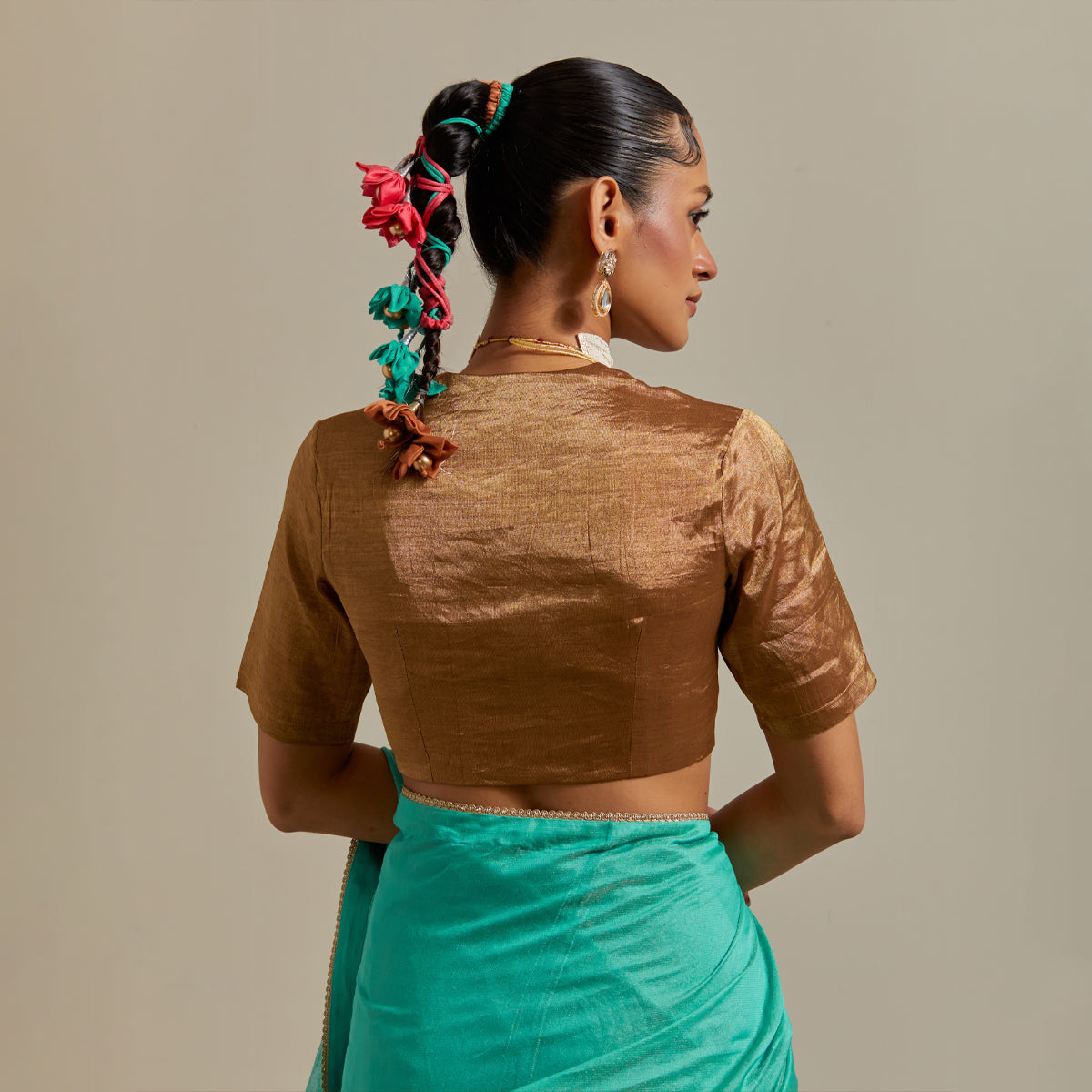 Aqua Striped Chanderi Saree with Gold Zari Blouse (Set of 2)