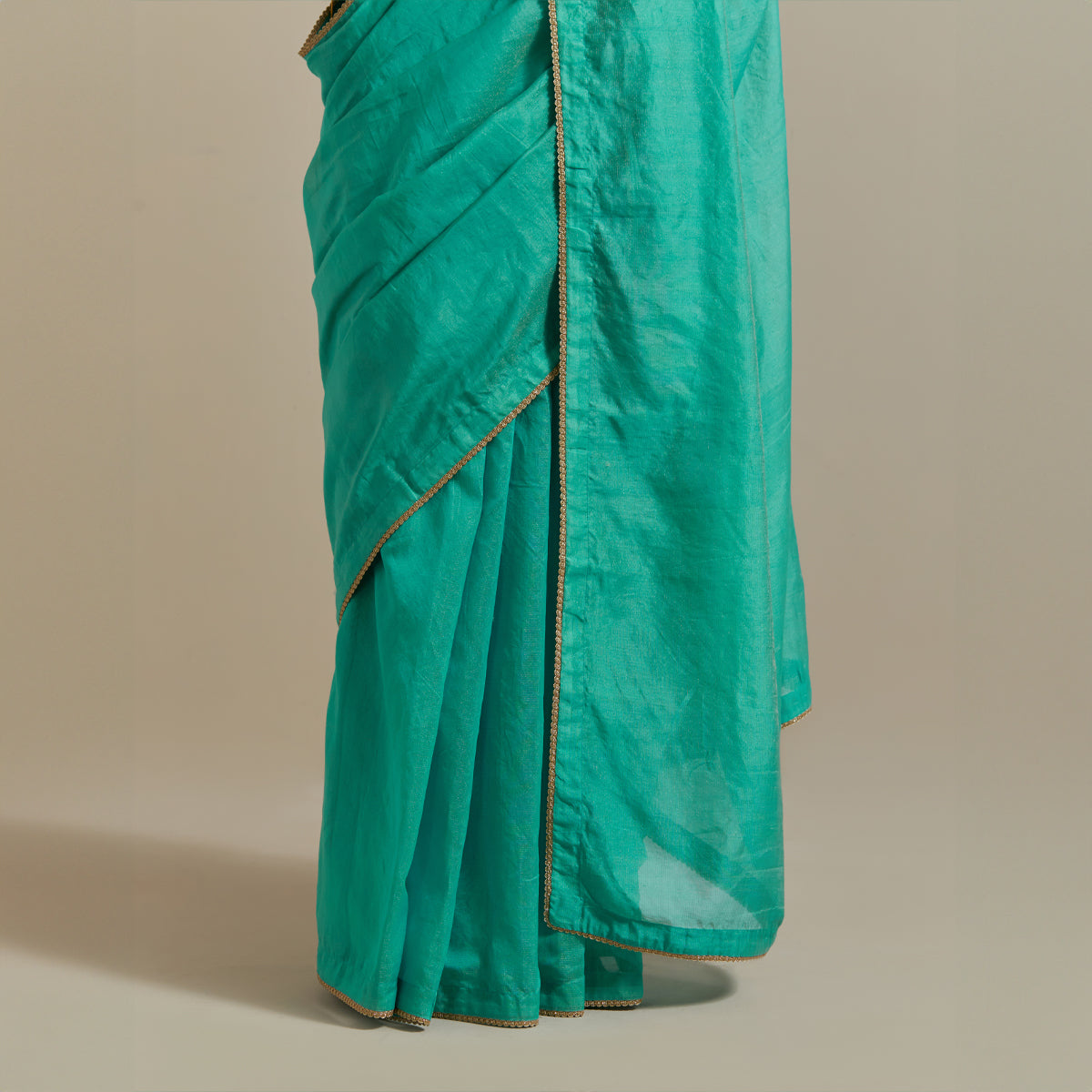 Aqua Striped Chanderi Saree with Gold Zari Blouse (Set of 2)