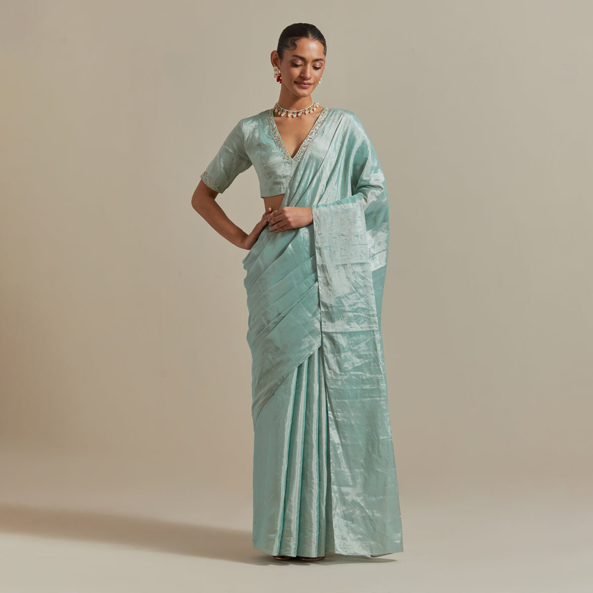 Mint Zari Silk Saree with Embroidered Blouse (Set of 2)