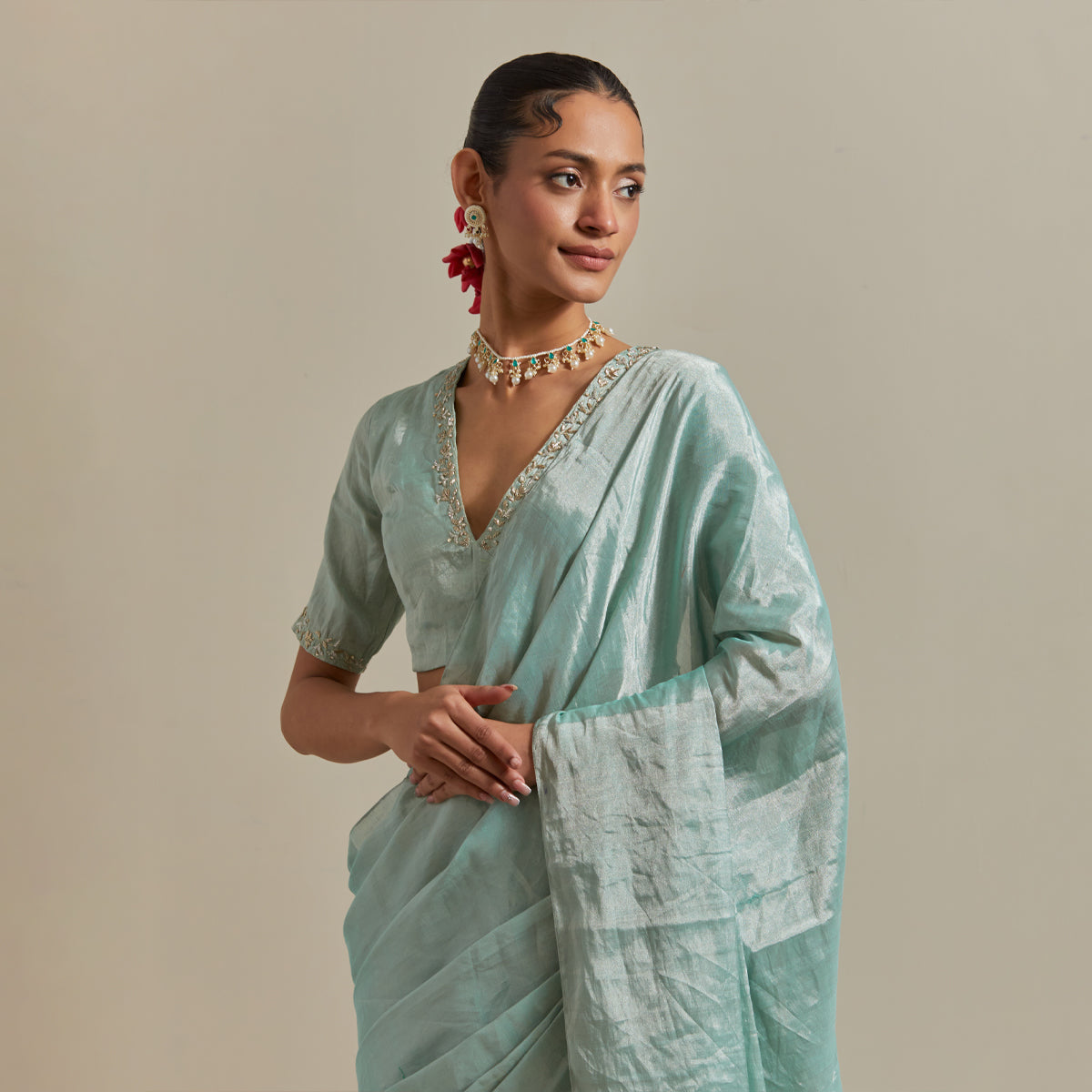 Mint Zari Silk Saree with Embroidered Blouse (Set of 2)