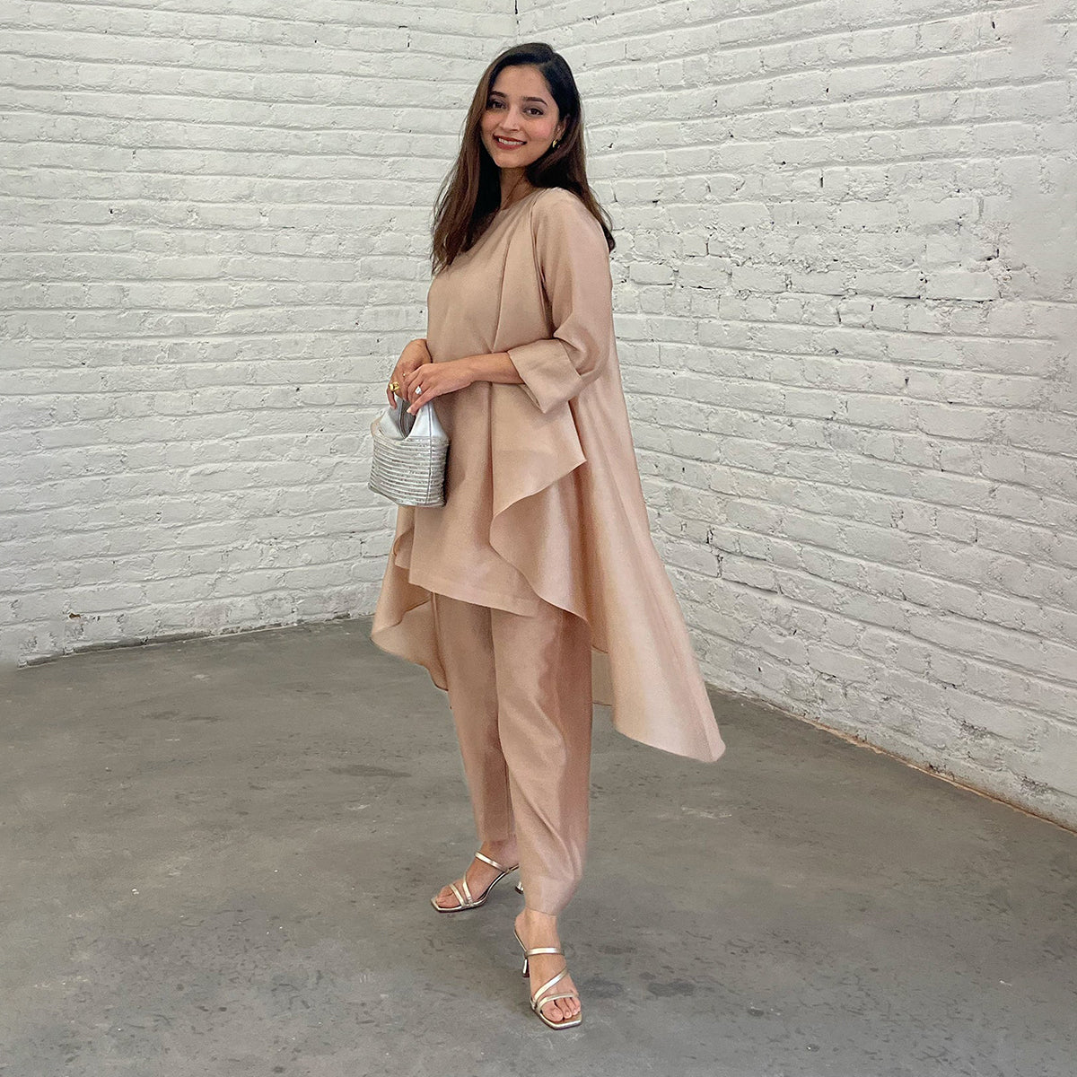 Handwoven Silk Chanderi Waterfall Jacket Ensemble | Champagne