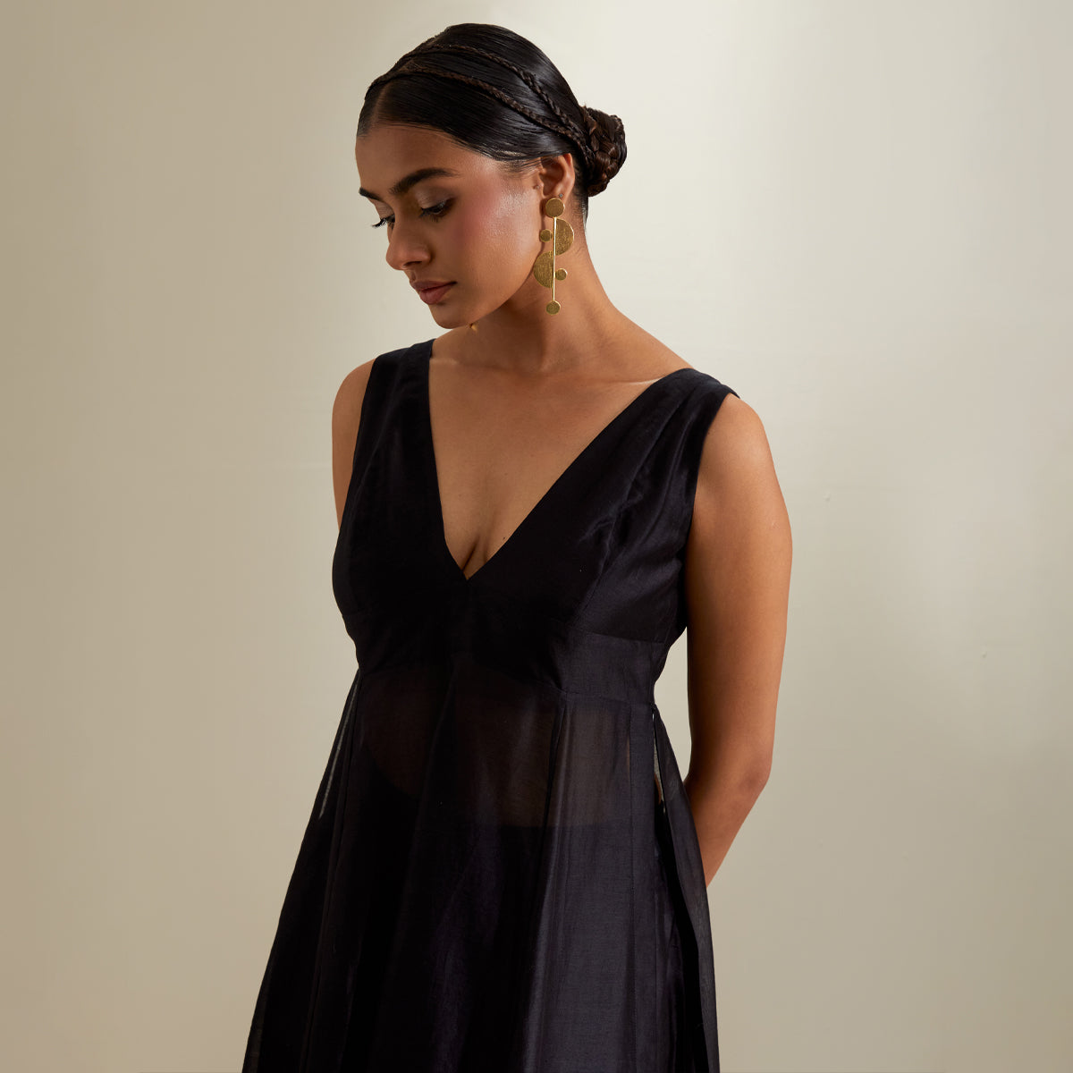 Co-ordinate Set - Plunge V Neck Stylise Kurta and Palazzo in Black Chanderi