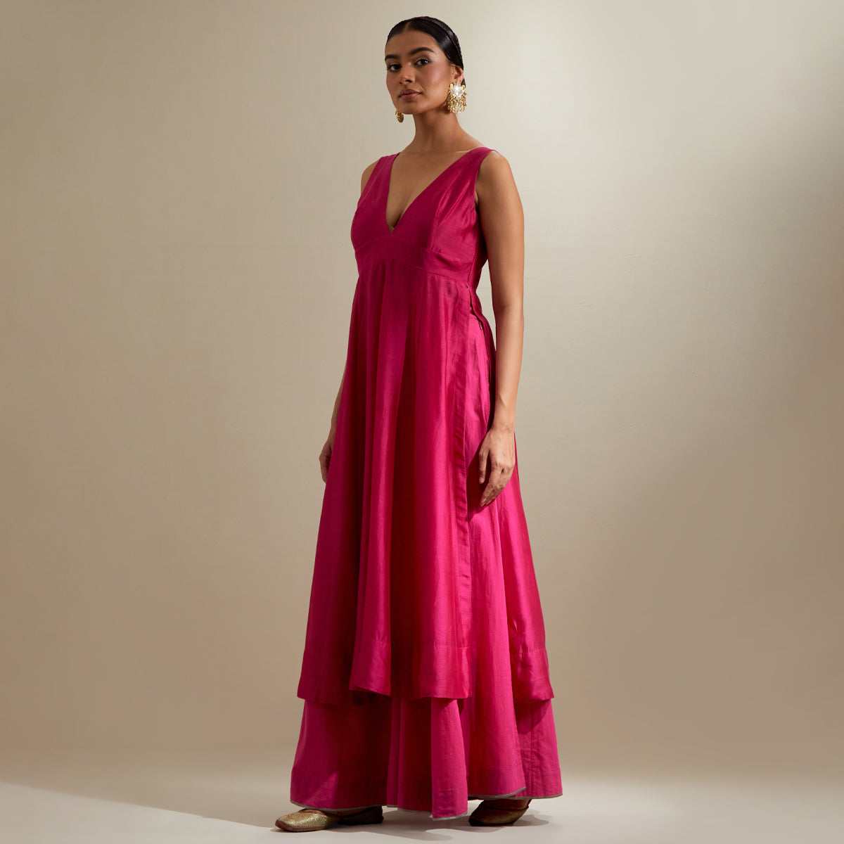 Plunge V Neck Stylise Chanderi Kurta with Cotton Palazzo