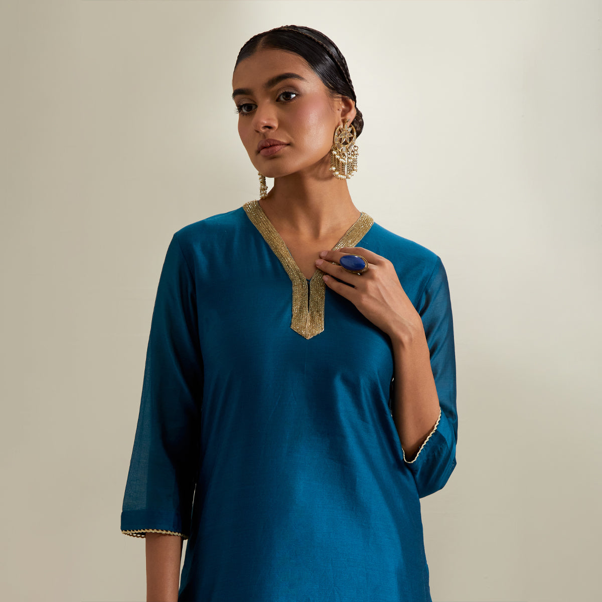 V Neck Kurti & Sharara in Teal Chanderi with Mint Gota Dupatta