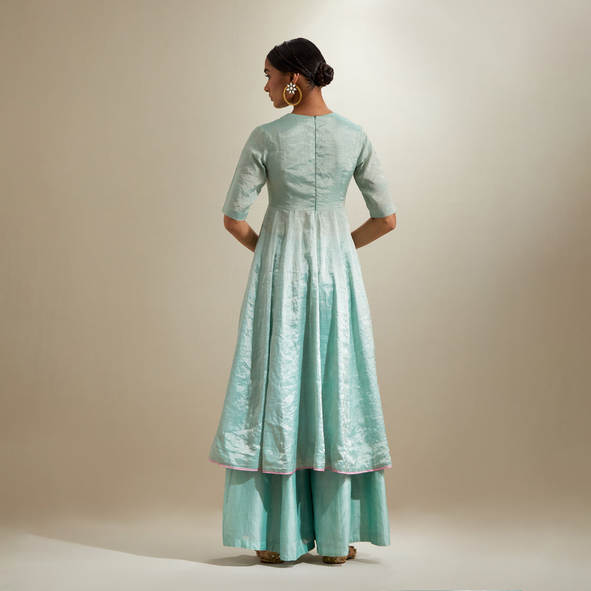 Mint Zari Anarkali & Chanderi Flared Palazzo with Embroidered Katan Dupatta