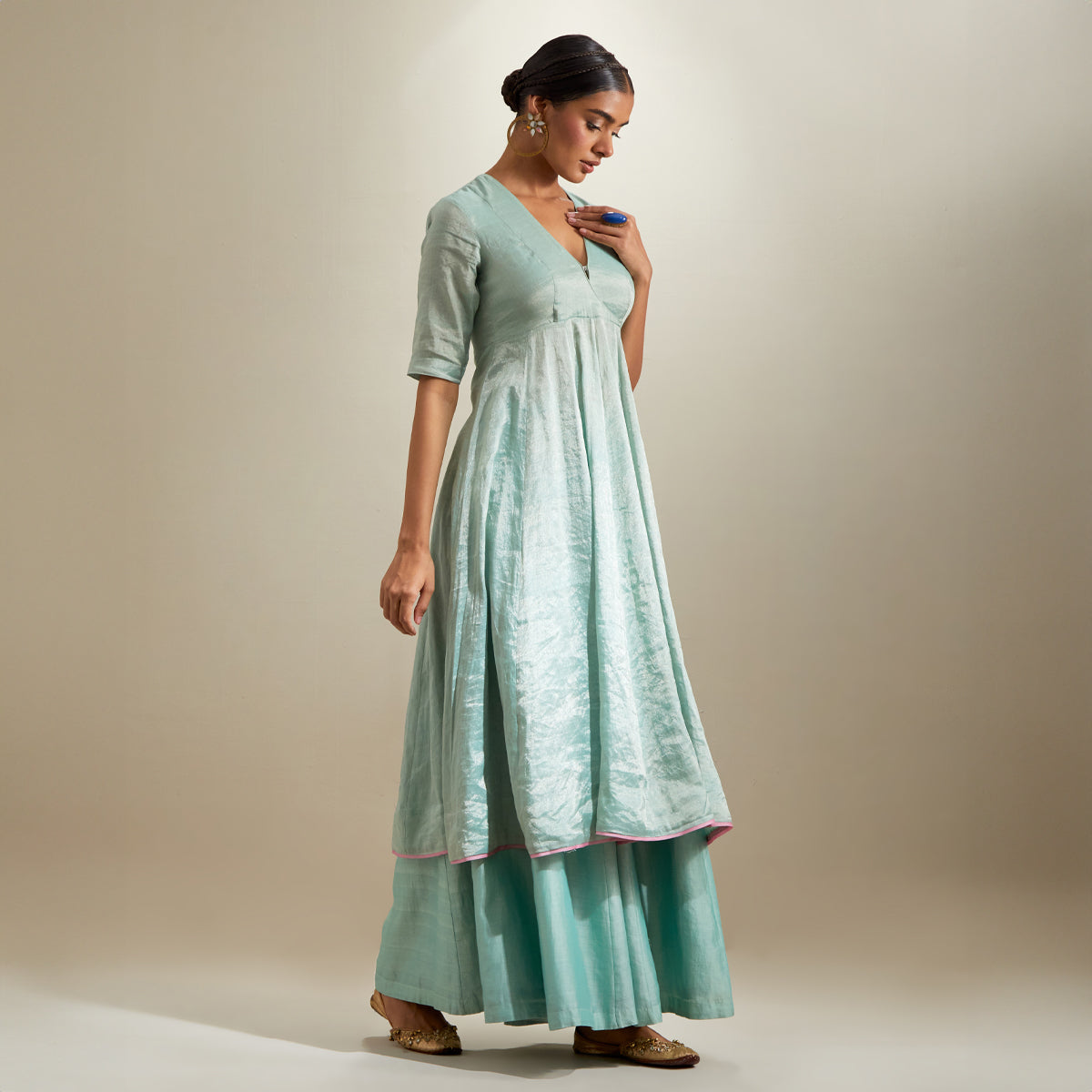 Mint Zari Anarkali & Chanderi Flared Palazzo with Embroidered Katan Dupatta