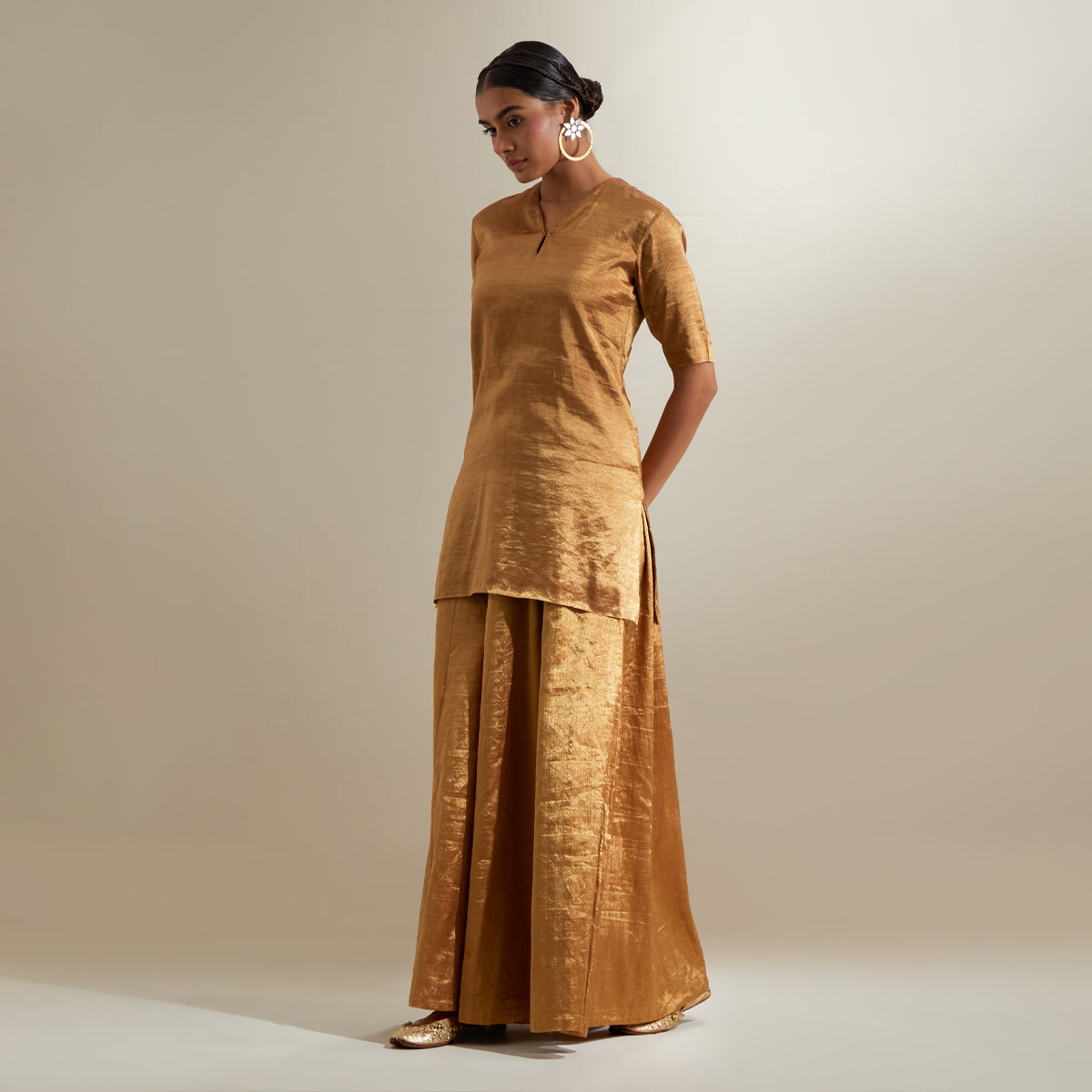 Gold Zari Short kurta and Sharara, with Hot Pink Embroidered Dupatta