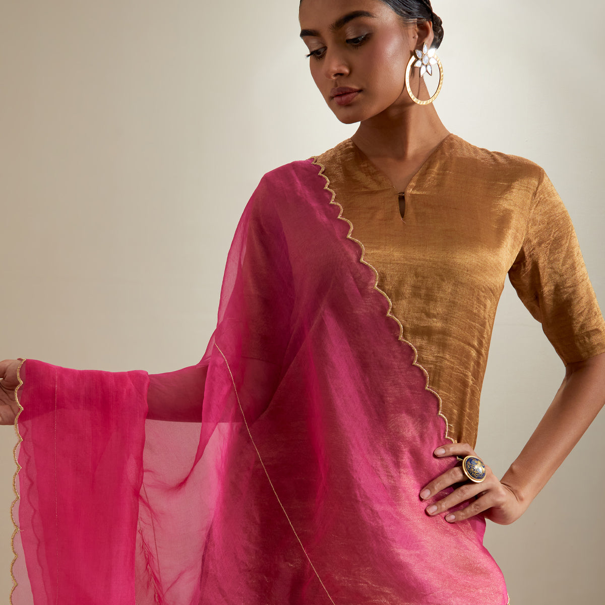 Gold Zari Short kurta and Sharara, with Hot Pink Embroidered Dupatta