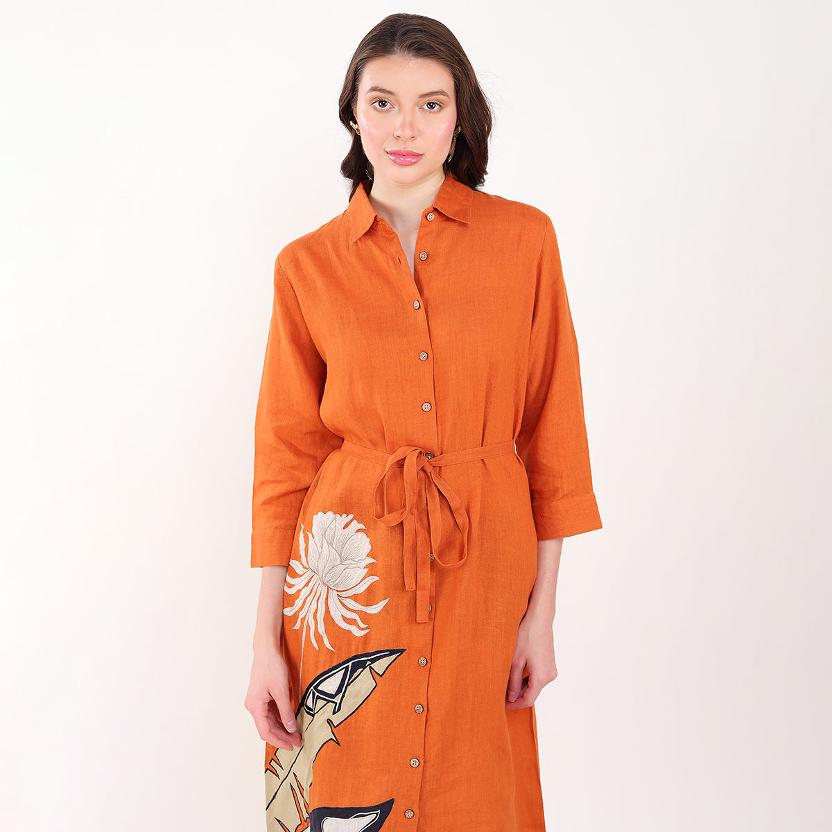 Orange Palm Leaf Embroidered  Dress