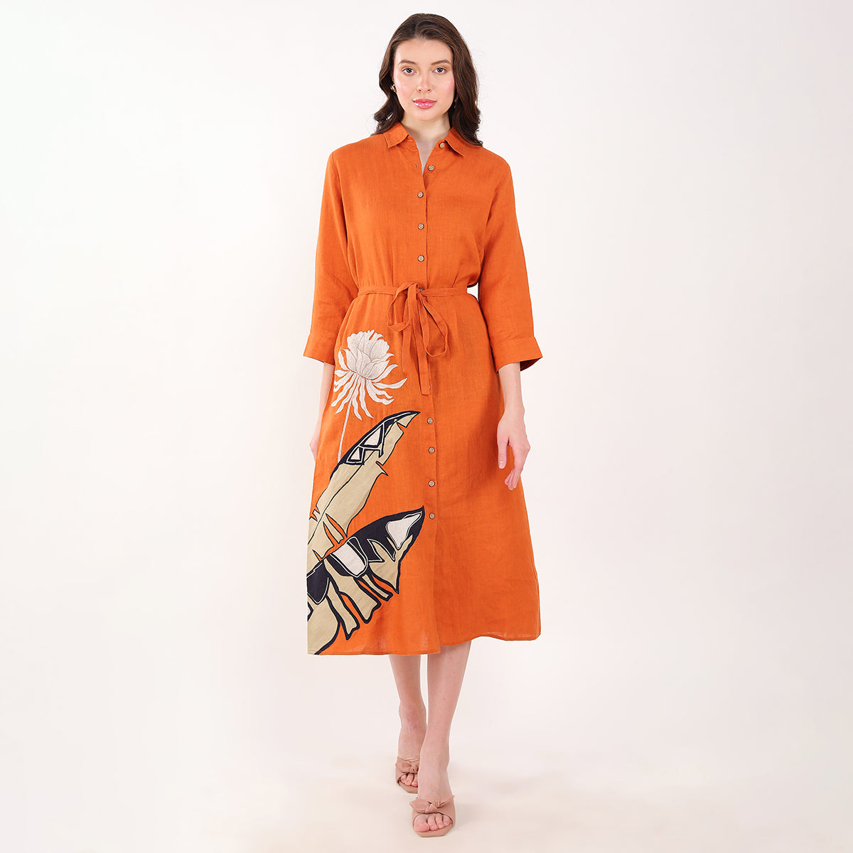 Orange Palm Leaf Embroidered  Dress