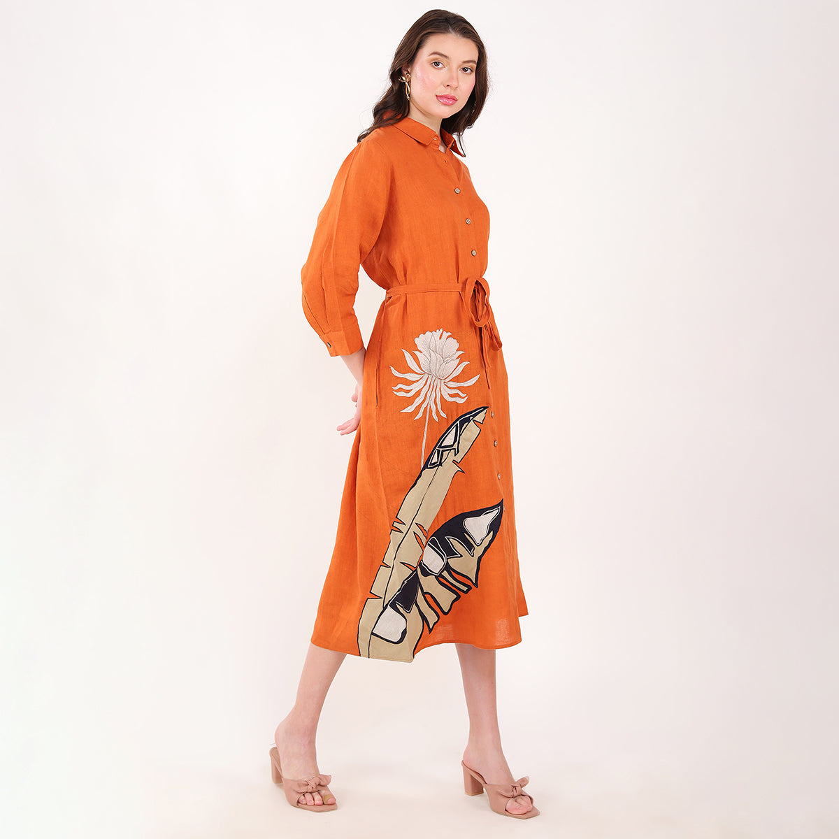 Orange Palm Leaf Embroidered  Dress