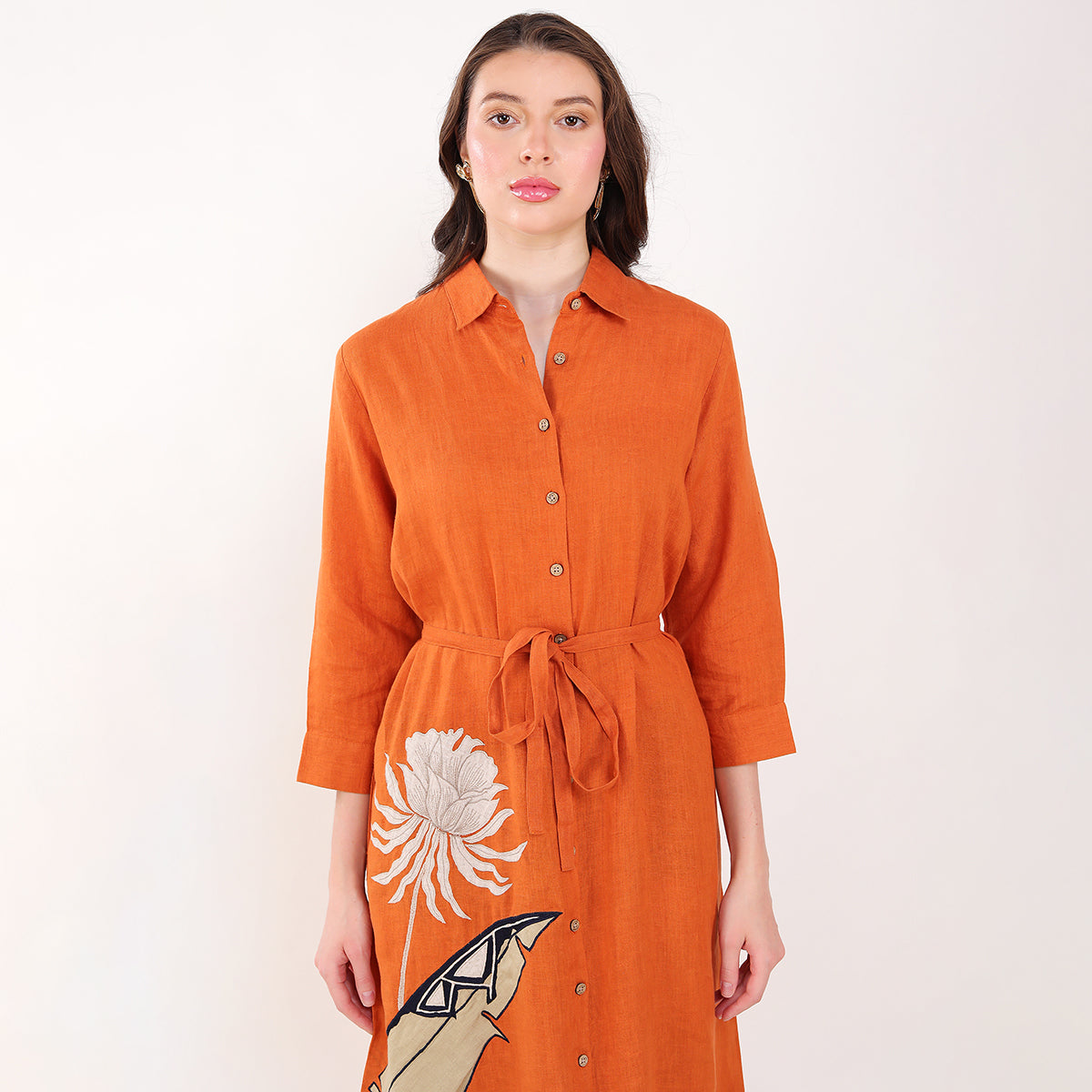 Orange Palm Leaf Embroidered  Dress