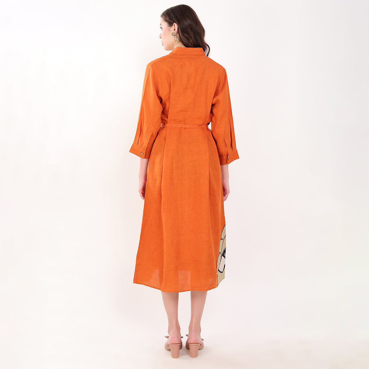 Orange Palm Leaf Embroidered  Dress