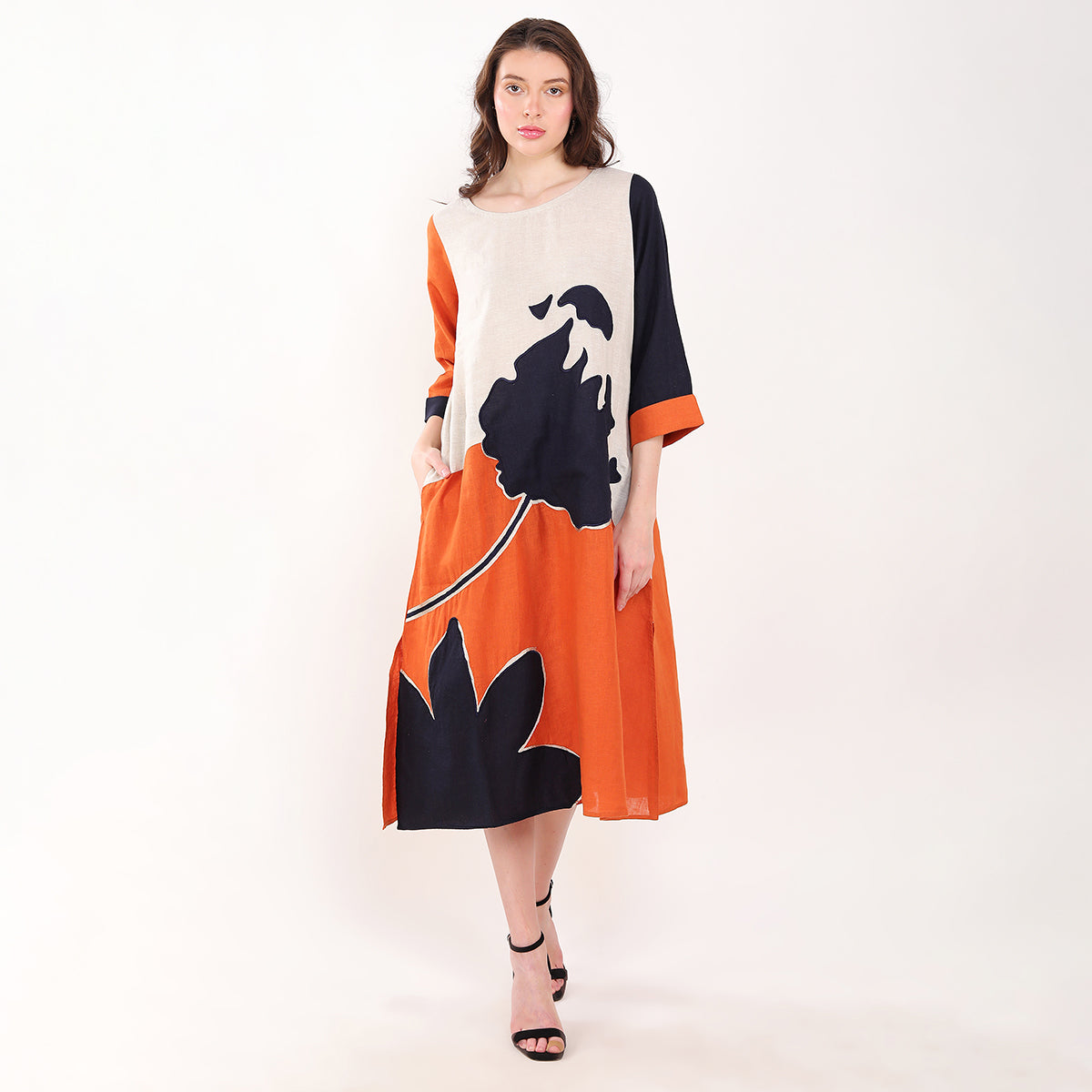 Orange Big Bloom Embroidered  Dress