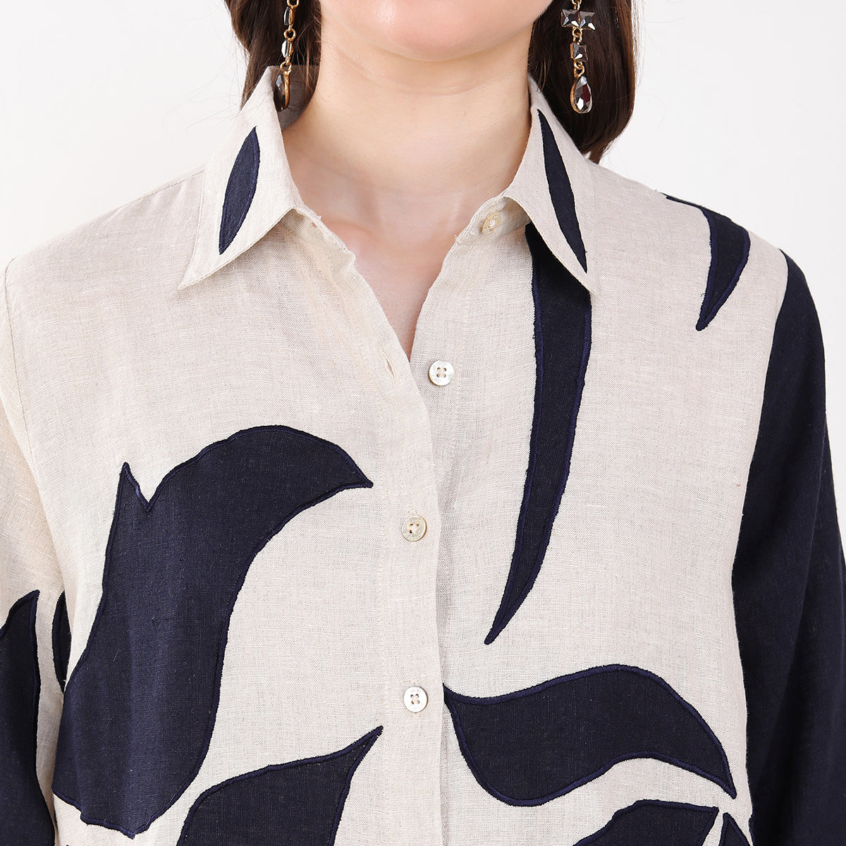 Beige Navy Embroidered Shirt