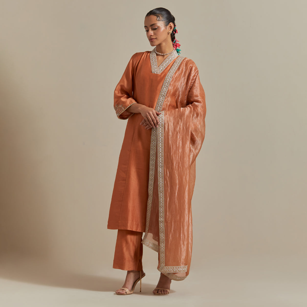 Saffron Brown Chanderi Kurta Set with Zari Striped Dupatta