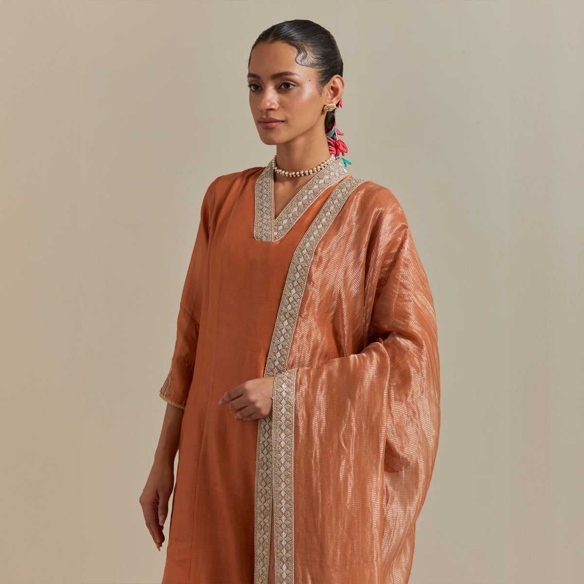 Saffron Brown Chanderi Kurta Set with Zari Striped Dupatta