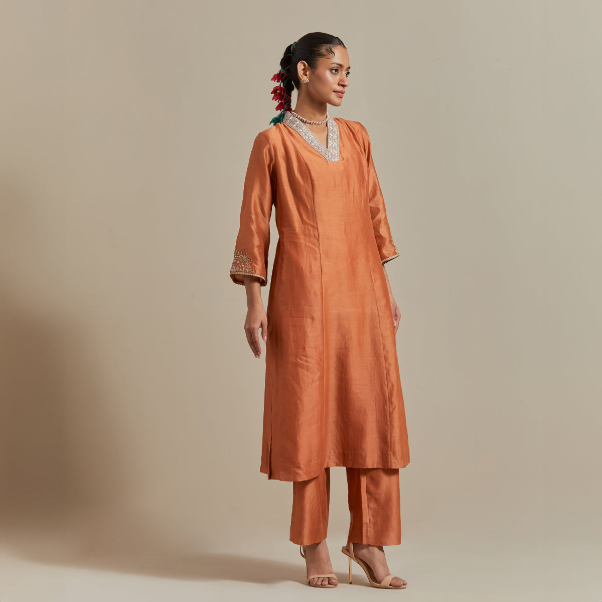 Saffron Brown Chanderi Kurta Set with Zari Striped Dupatta