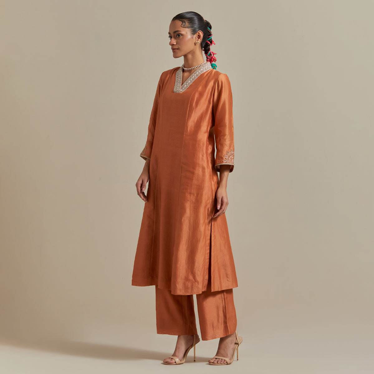 Saffron Brown Chanderi Kurta Set with Zari Striped Dupatta