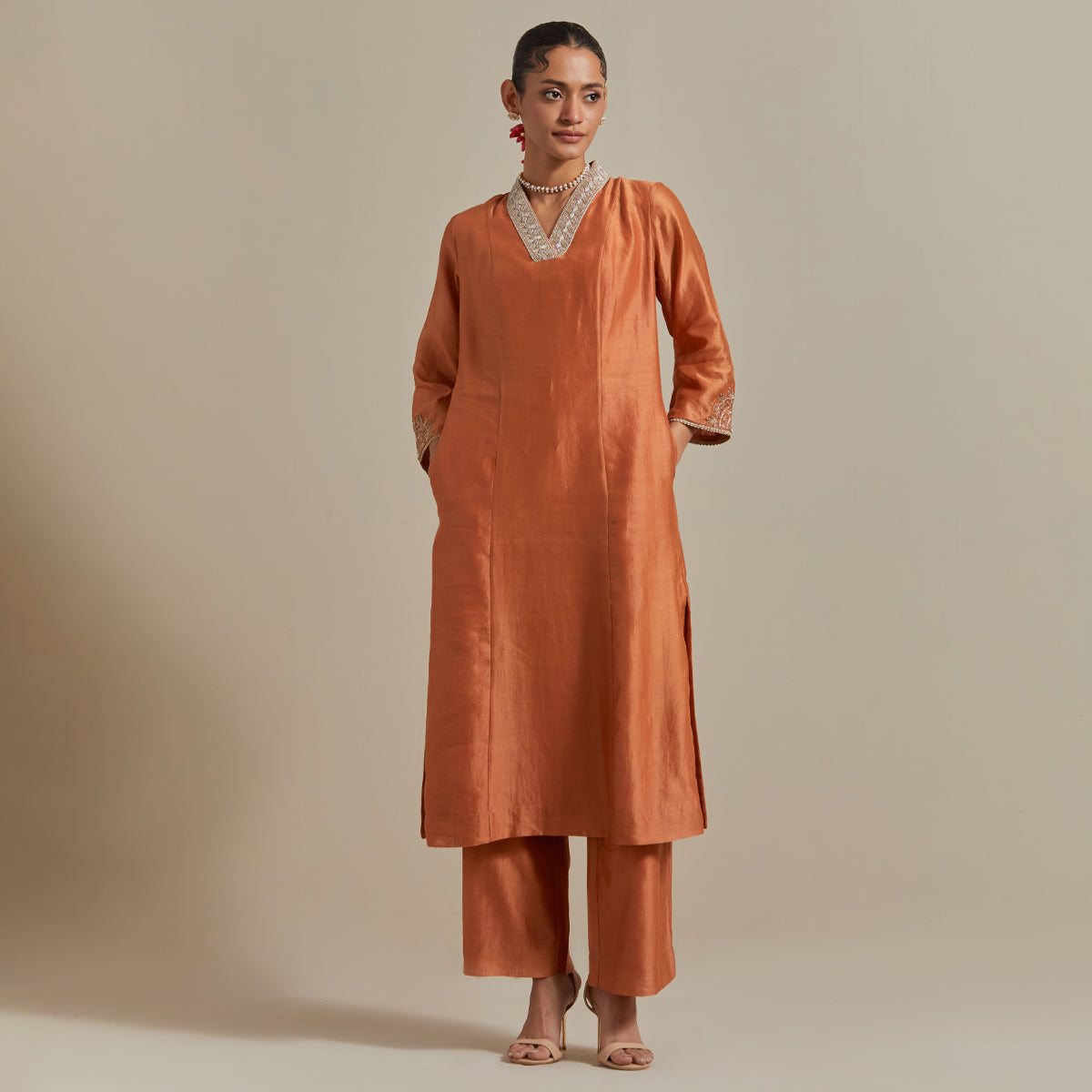 Saffron Brown Chanderi Kurta Set with Zari Striped Dupatta